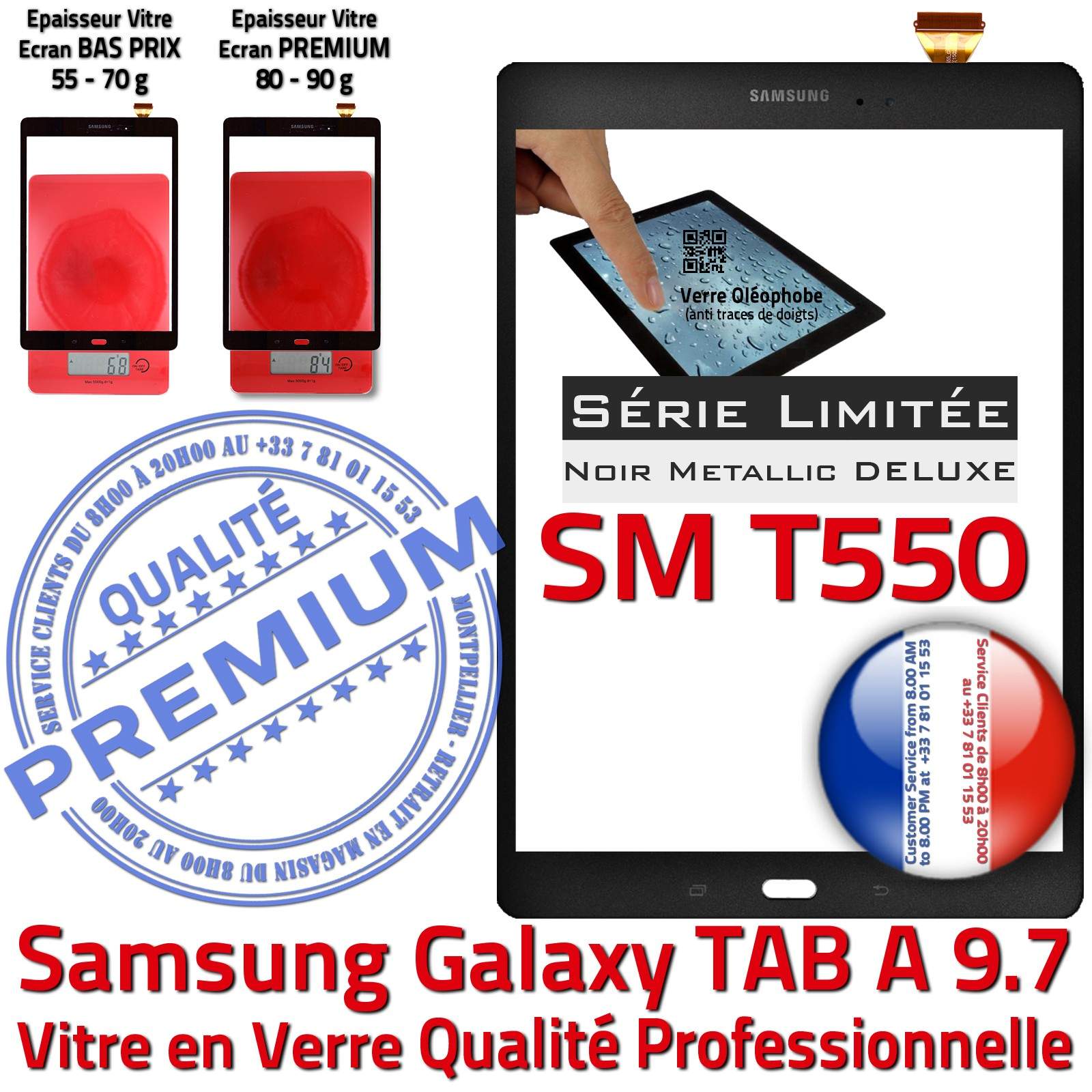 Ecran Samsung SM T550 Galaxy TAB-A 9.7 Verre Noir Metallic Qualité PREMIUM  Vitre Tactile Noire Assemblée Adhésif Prémonté