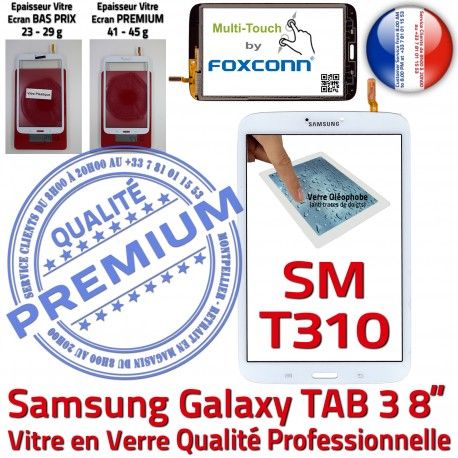 Galaxy SM-T310 TAB3 Blanche inch Ecran Qualité Coller Tactile Supérieure Verre Samsung Assemblée Vitre 8 en à Prémonté PREMIUM