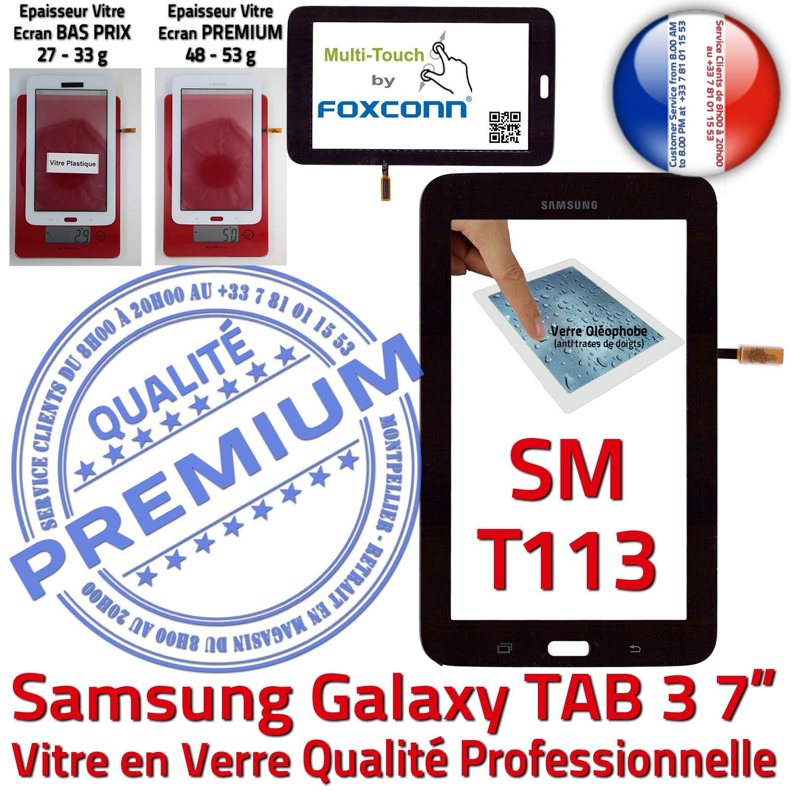 Samsung SM T113 Galaxy LITE TAB3 Vitre Tactile en Verre Qualité Supérieure PREMIUM Assemblée Adhésif LCD Ecran Noir Prémonté