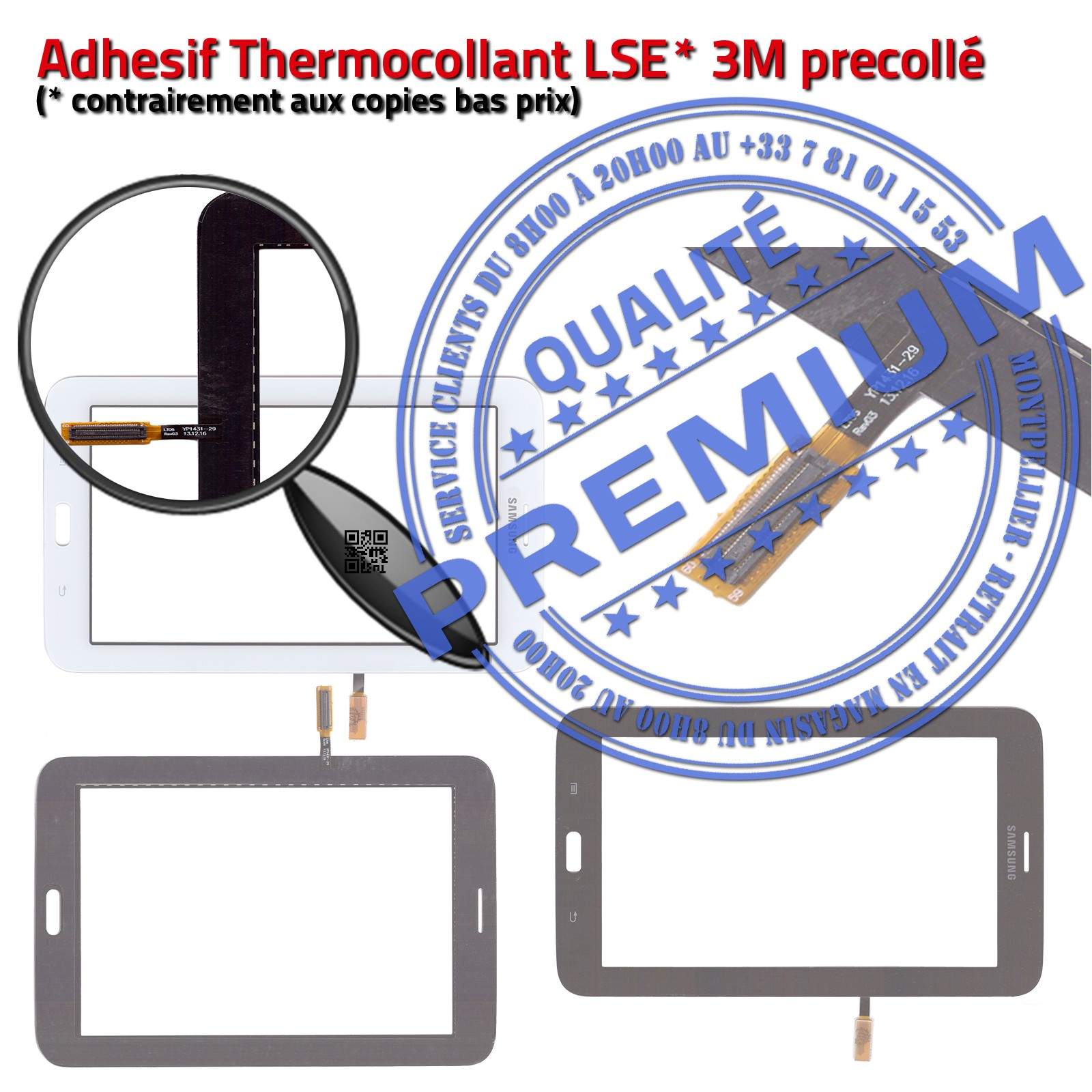 Vitre Tactile Noire SM-T111 LITE Galaxy TAB 3 Qualité Assemblée Adhésif Ecran