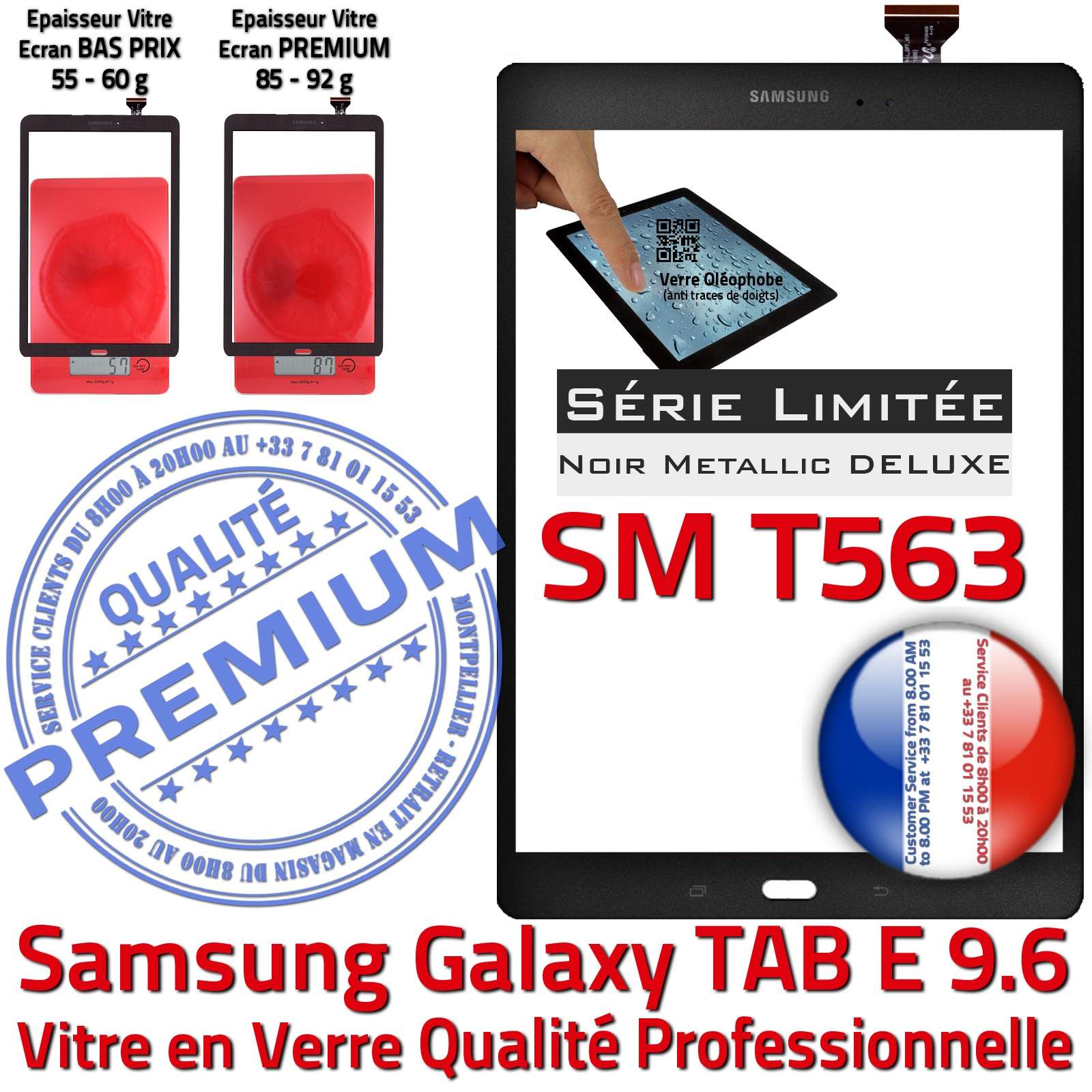 Vitre Tactile Noire Metallic Verre Samsung Galaxy TAB-E SM-T563 9.6 Assemblée Adhésif Ecran Noir Metal Assemblé Qualité PREMIUM