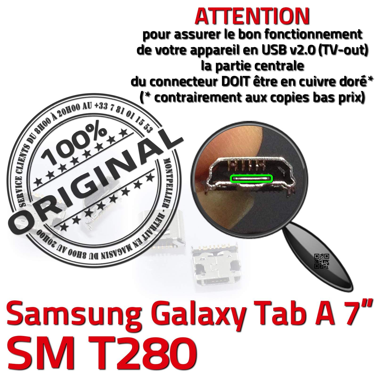 SAMSUNG Galaxy TAB A SM-T280 Connecteur de Charge ORIGINAL à souder Changer Jack Connexion Câble Contacts Qualité Démontage Réparation Changement Connector Pins Dorés Tablette TAB-A SM T280 Remplacement PORT Micro USB Soudures Carte Mère Prise Chargeur