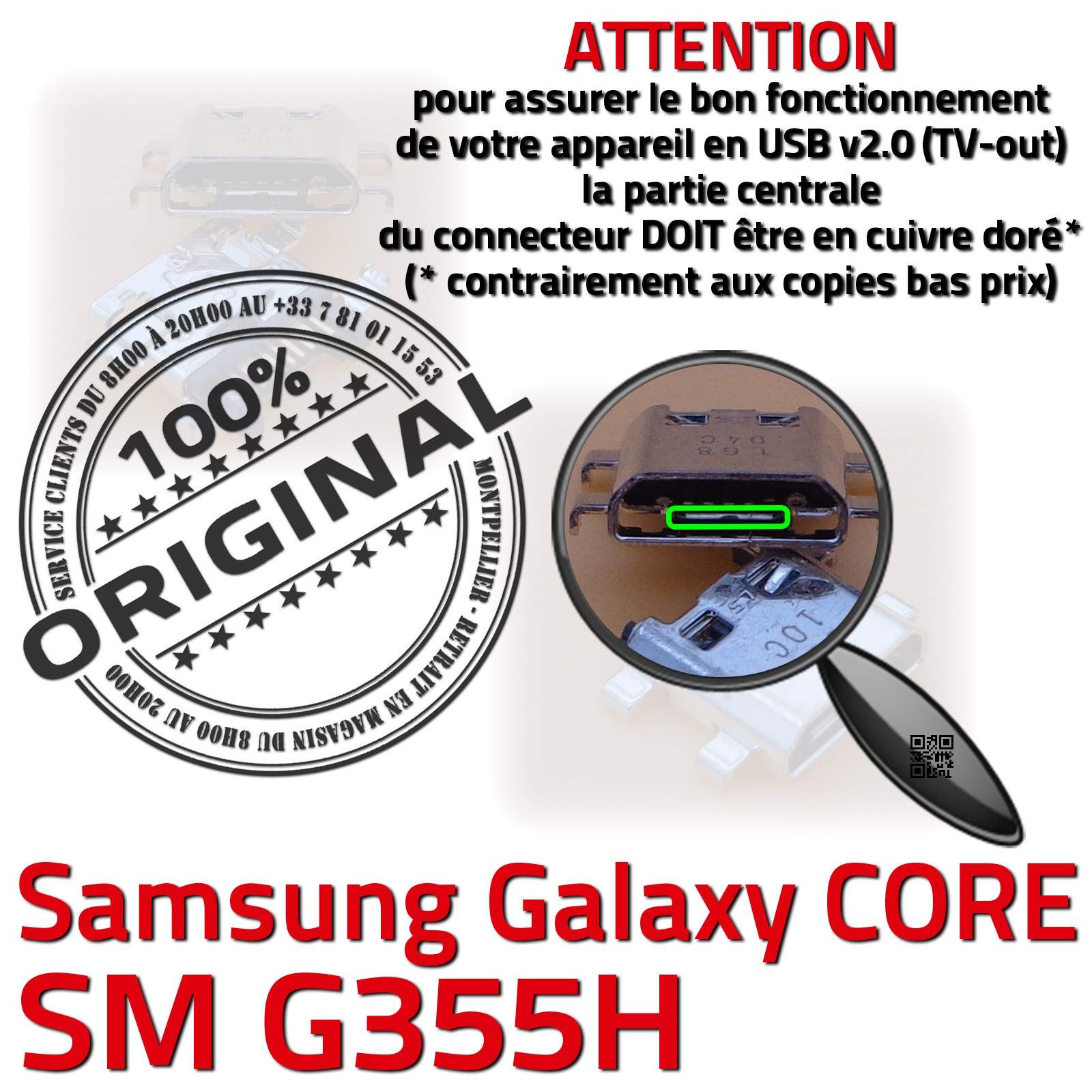 Changer Jack Connexion Câble Contacts Qualité Démontage Soudures Carte Mère Prise Chargeur Réparation Changement Connector Pins Dorés SAMSUNG Galaxy Core 2 SM-G355H Connecteur de Charge ORIGINAL à souder Smartphone SM G355H Remplacement PORT Micro USB