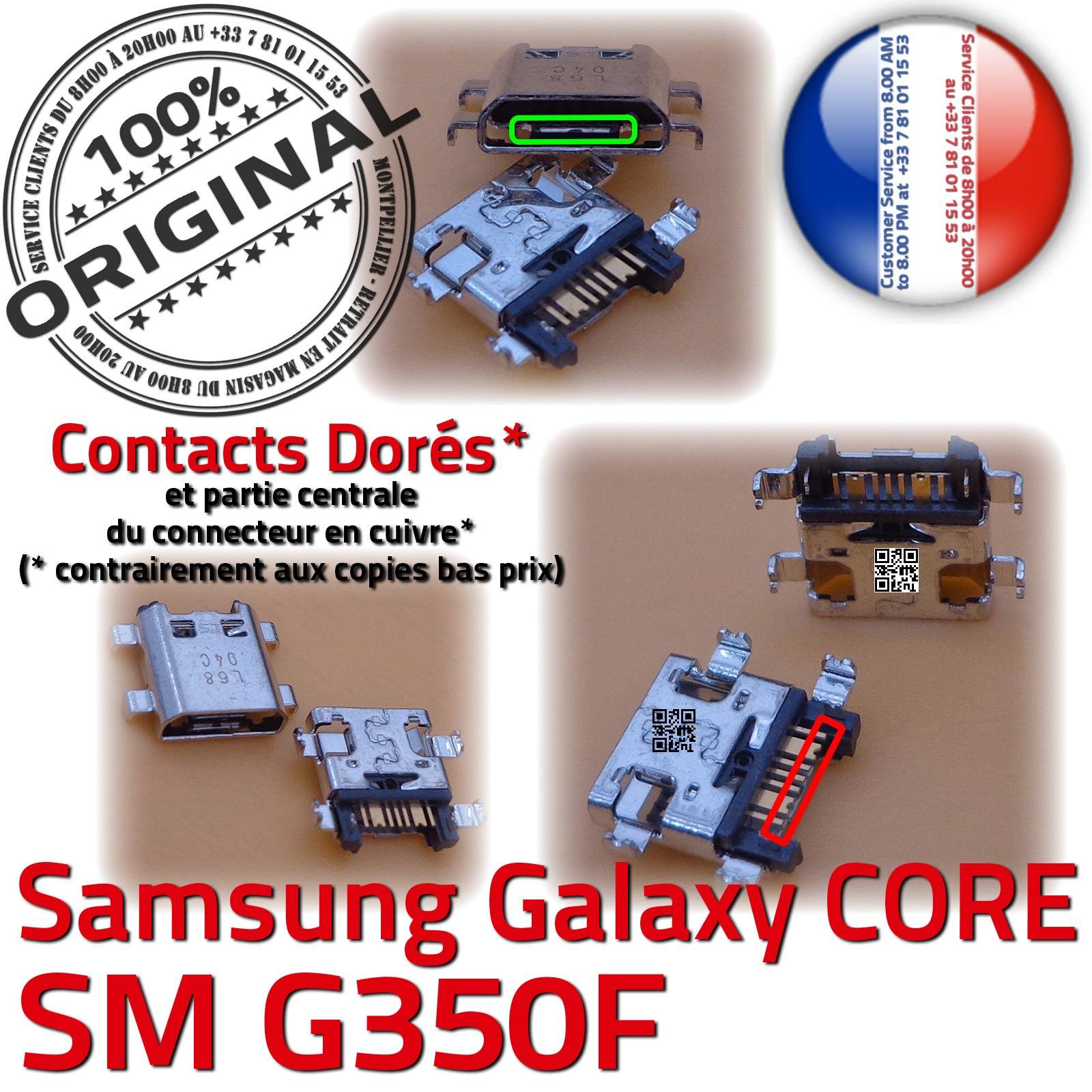 Samsung Galaxy Core Plus SM-G350F Prise de charge MicroUSB Qualité ORIGINAL à souder Pins Dorés Dock Fiche Connector Chargeur