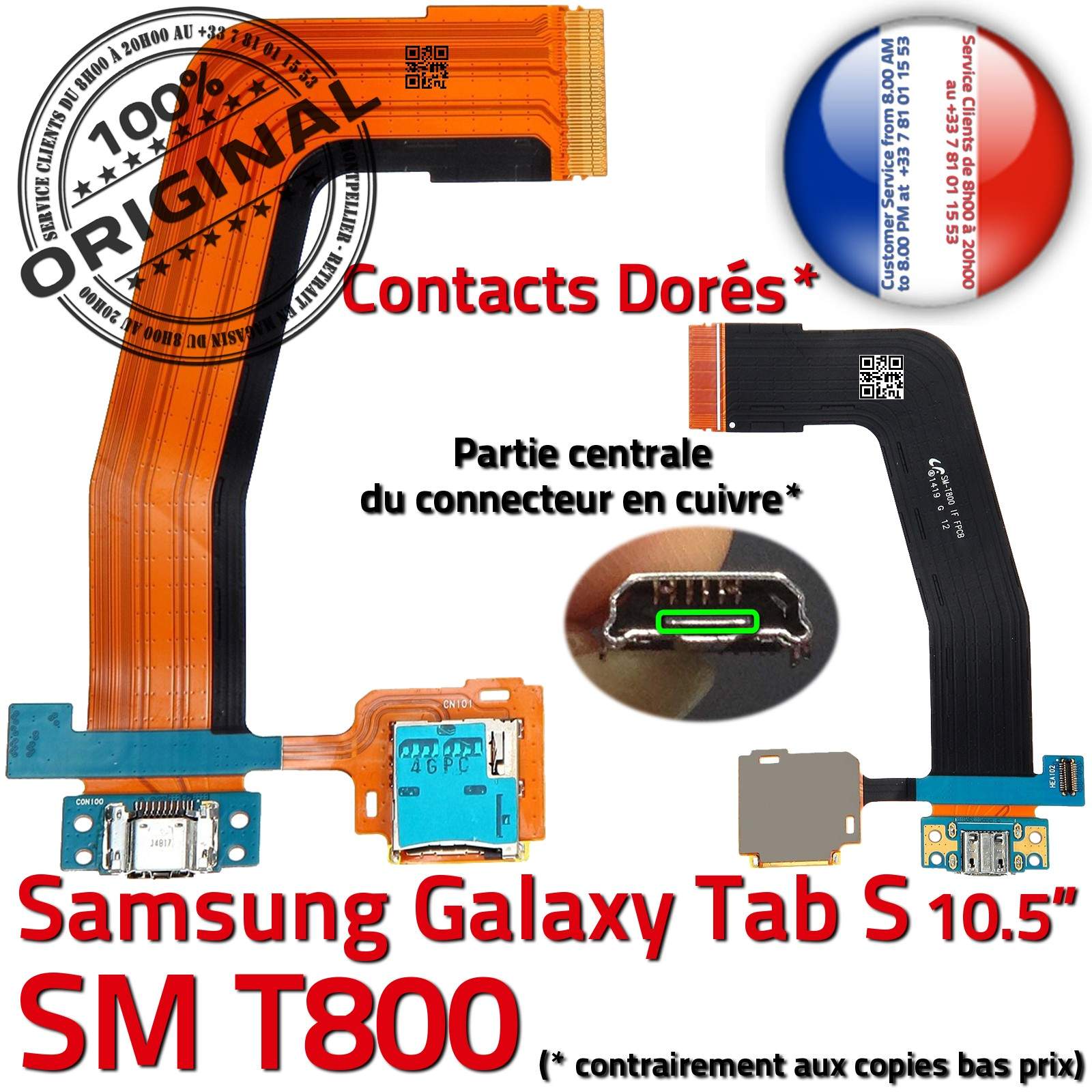 TAB S SM T800 ORIGINAL Samsung Galaxy Connecteur de Charge Chargeur Micro USB Nappe Qualité Contacts Dorés Réparation Lecteur SD
