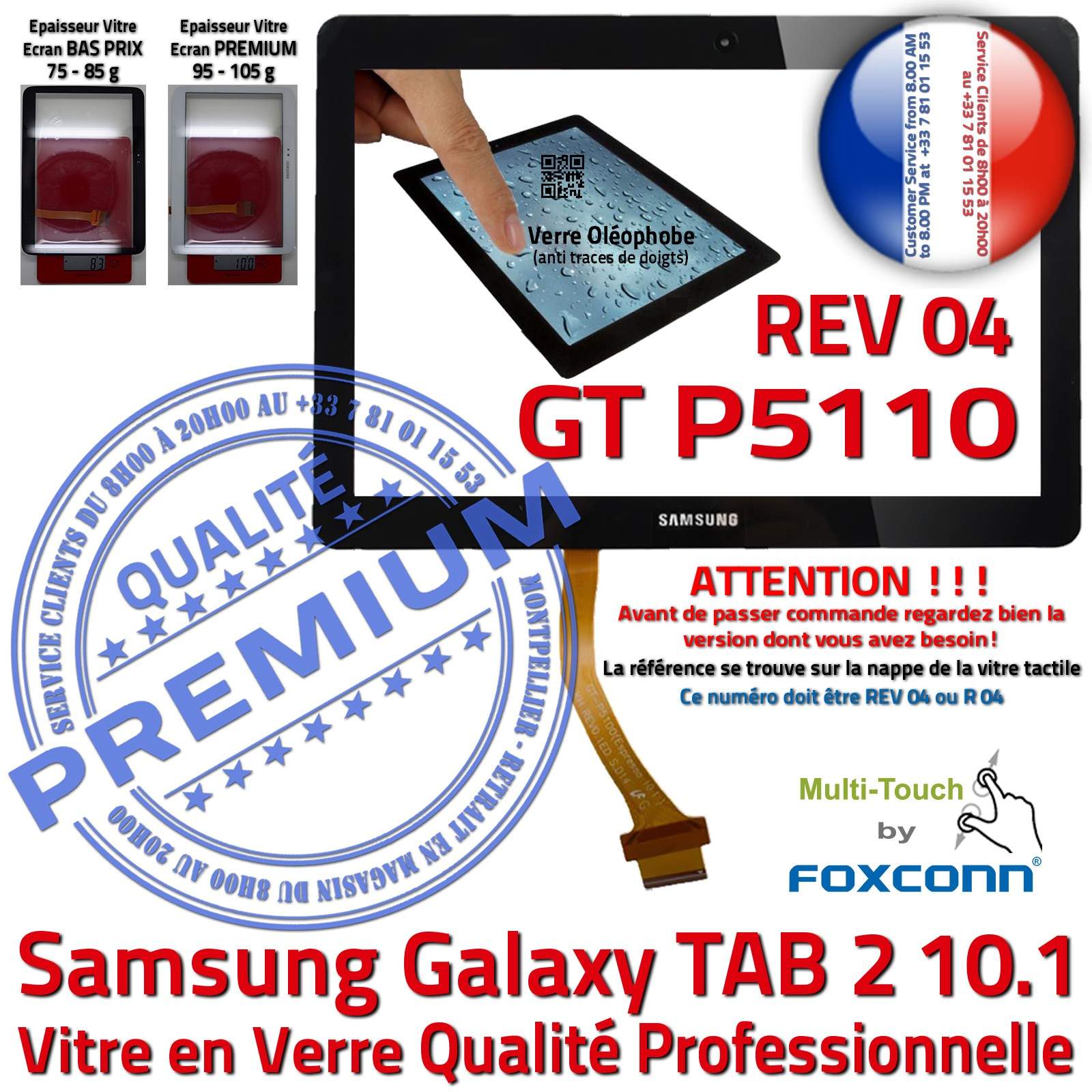 Vitre ecran tactile Samsung Galaxy Tab 2 10.1" P5100 P5110 noir+adhésif