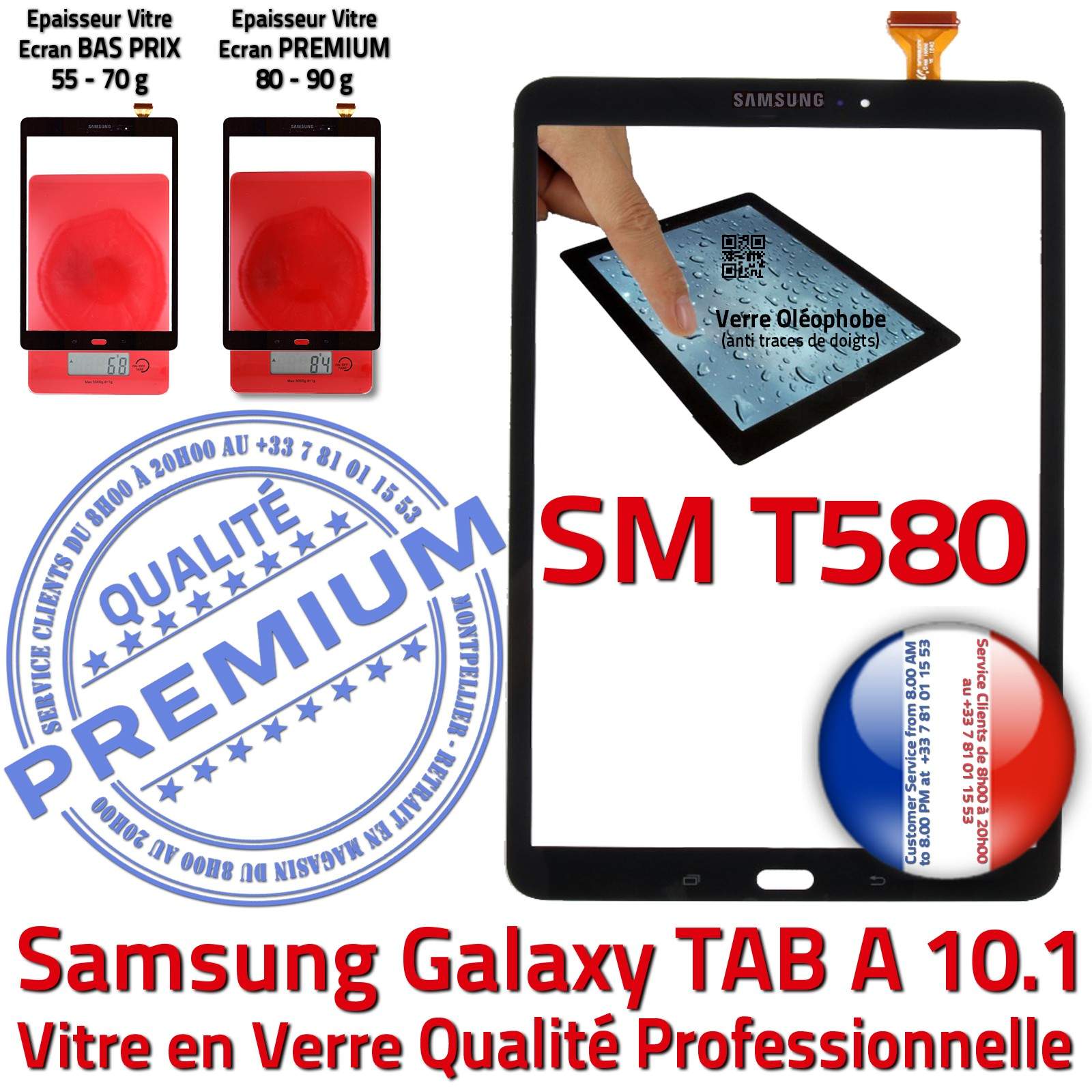 Vitre Tactile Noire Samsung Galaxy TAB-A SM-T580 10.1 inch Résistante aux Chocs en Verre Ecran Noir Qualité Supérieure PREMIUM