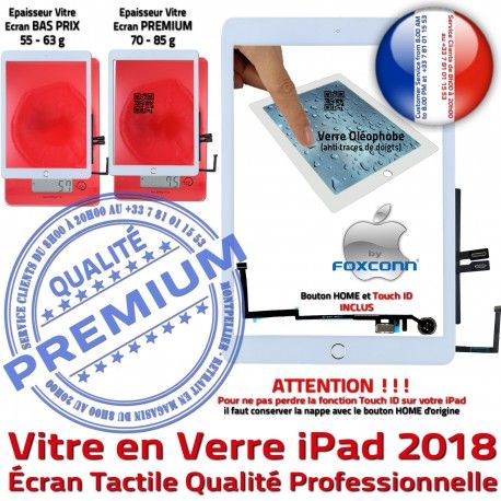 iPad 6 2018 9.7 inch Blanc Monté Réparation Verre Nappe Ecran Oléophobe Bouton HOME Adhésif Fixation Qualité Tablette Vitre Tactile Caméra
