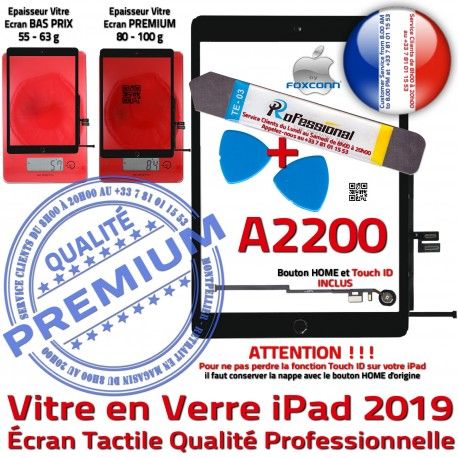 PACK iPad 2019 A2200 N Verre HOME Réparation Oléophobe Tactile Bouton Precollé Vitre KIT Noire Outils Adhésif Démontage PREMIUM Qualité