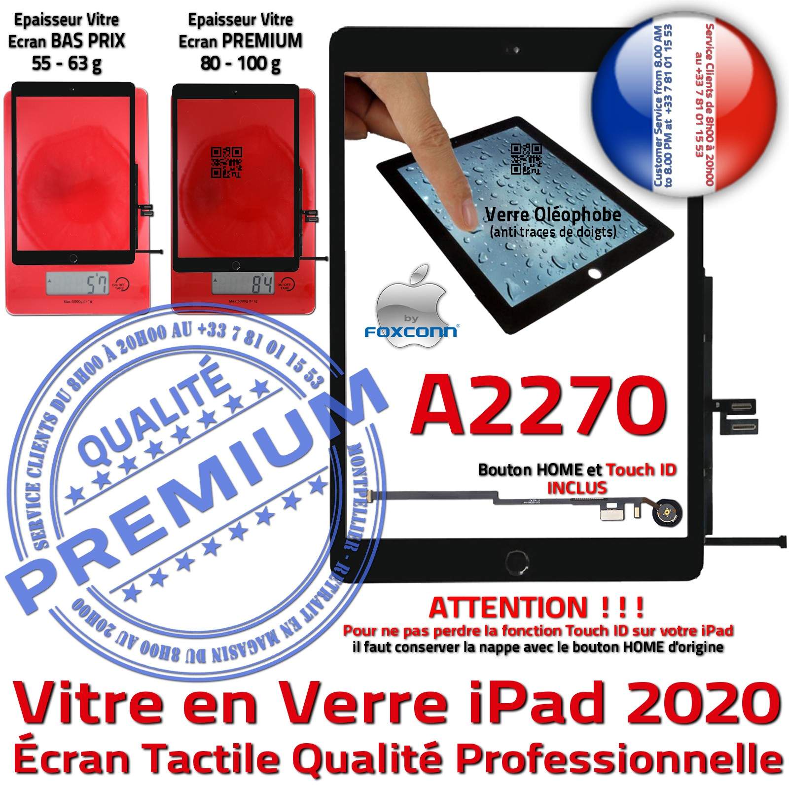 Vitre Tactile iPad 2020 A2270 Noir Adhésif Monté Ecran Qualité Verre Oléophobe Fixation Caméra Nappe HOME IC Réparation Tablette