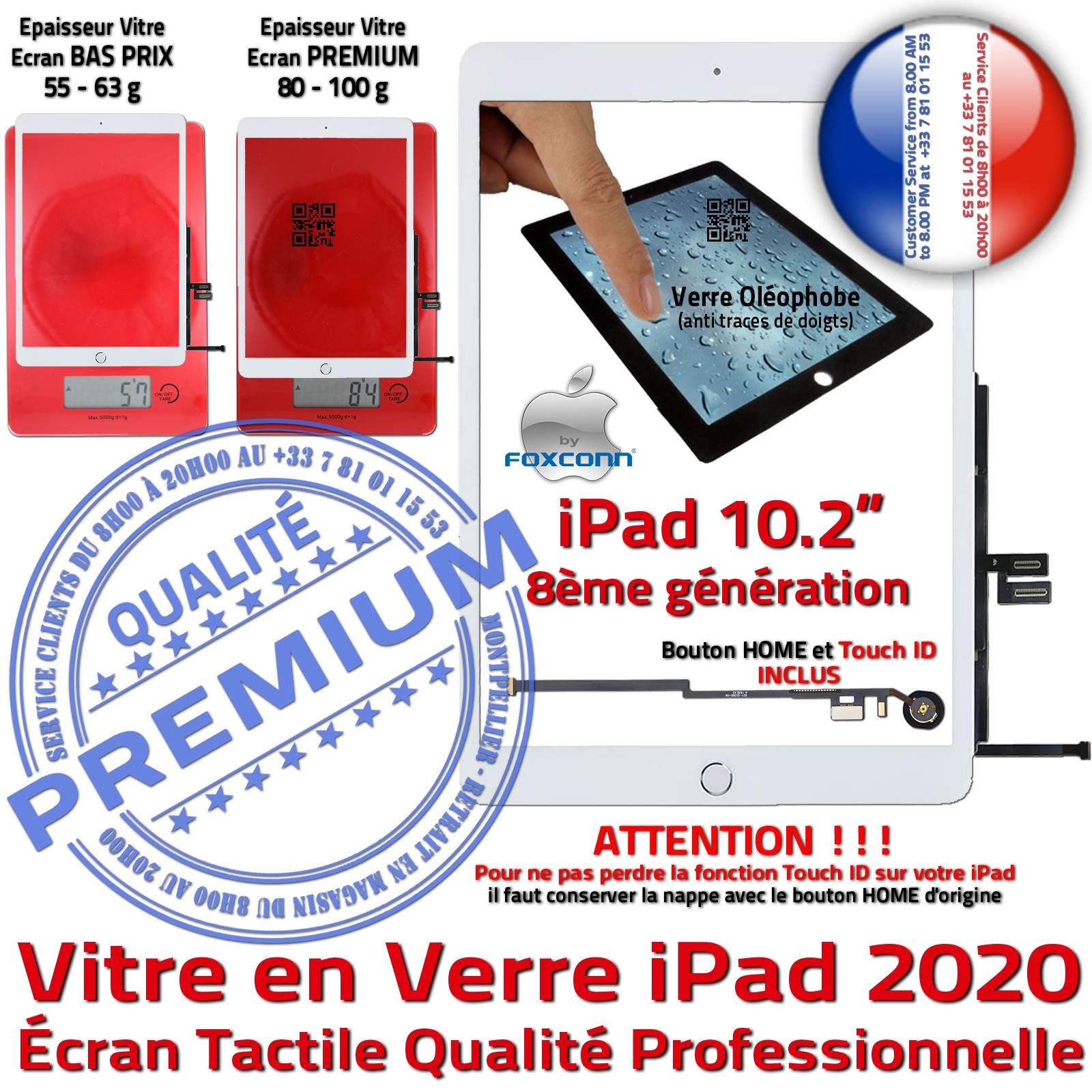 iPad 2020 Blanc Vitre Tactile PREMIUM Adhésif Precollé Remplacement Ecran Qualité Verre Oléophobe Fixation Caméra Bouton HOME