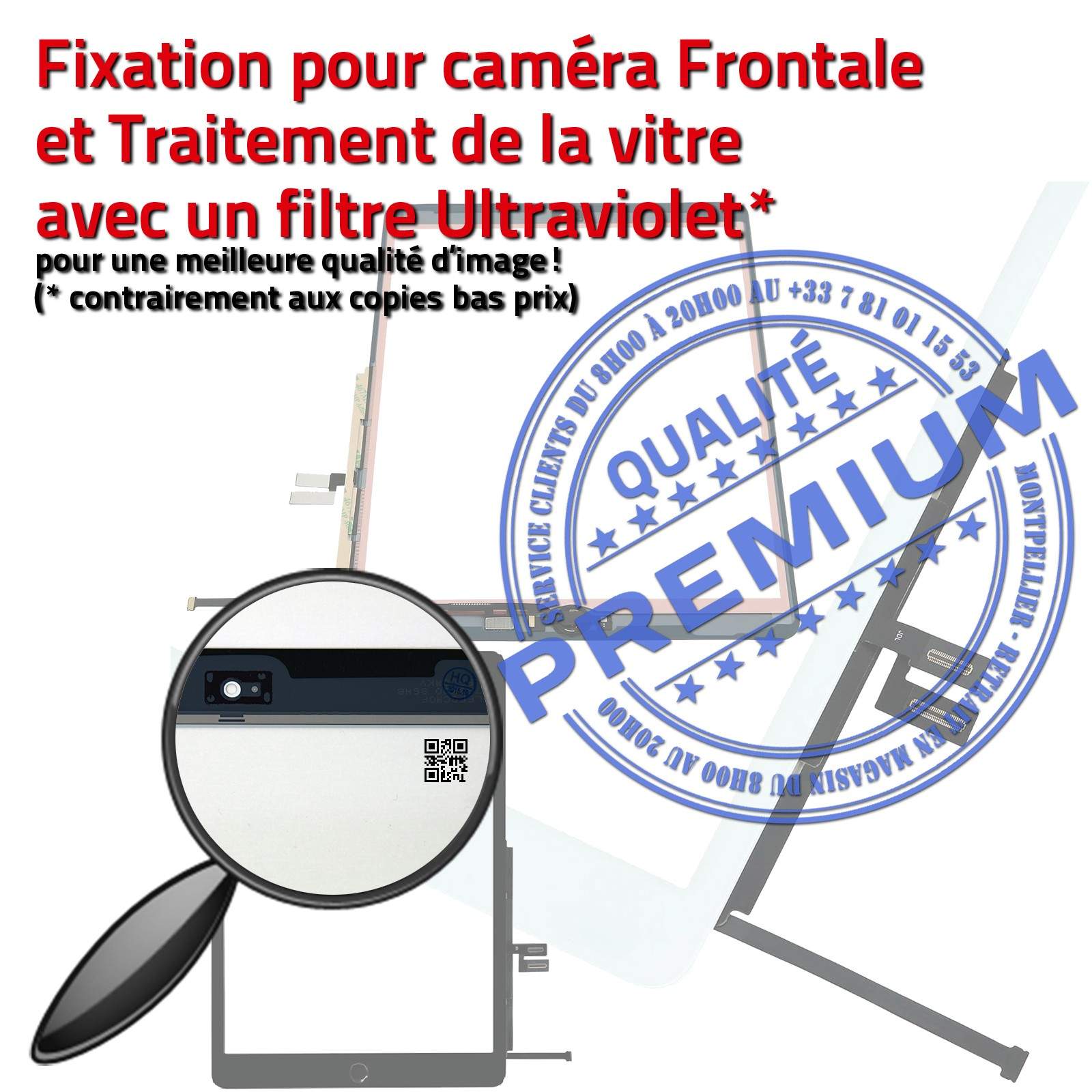 iPad 2019 Noir Vitre Tactile PREMIUM Adhésif Precollé Remplacement Ecran Qualité Verre Oléophobe Fixation Caméra Bouton HOME A++