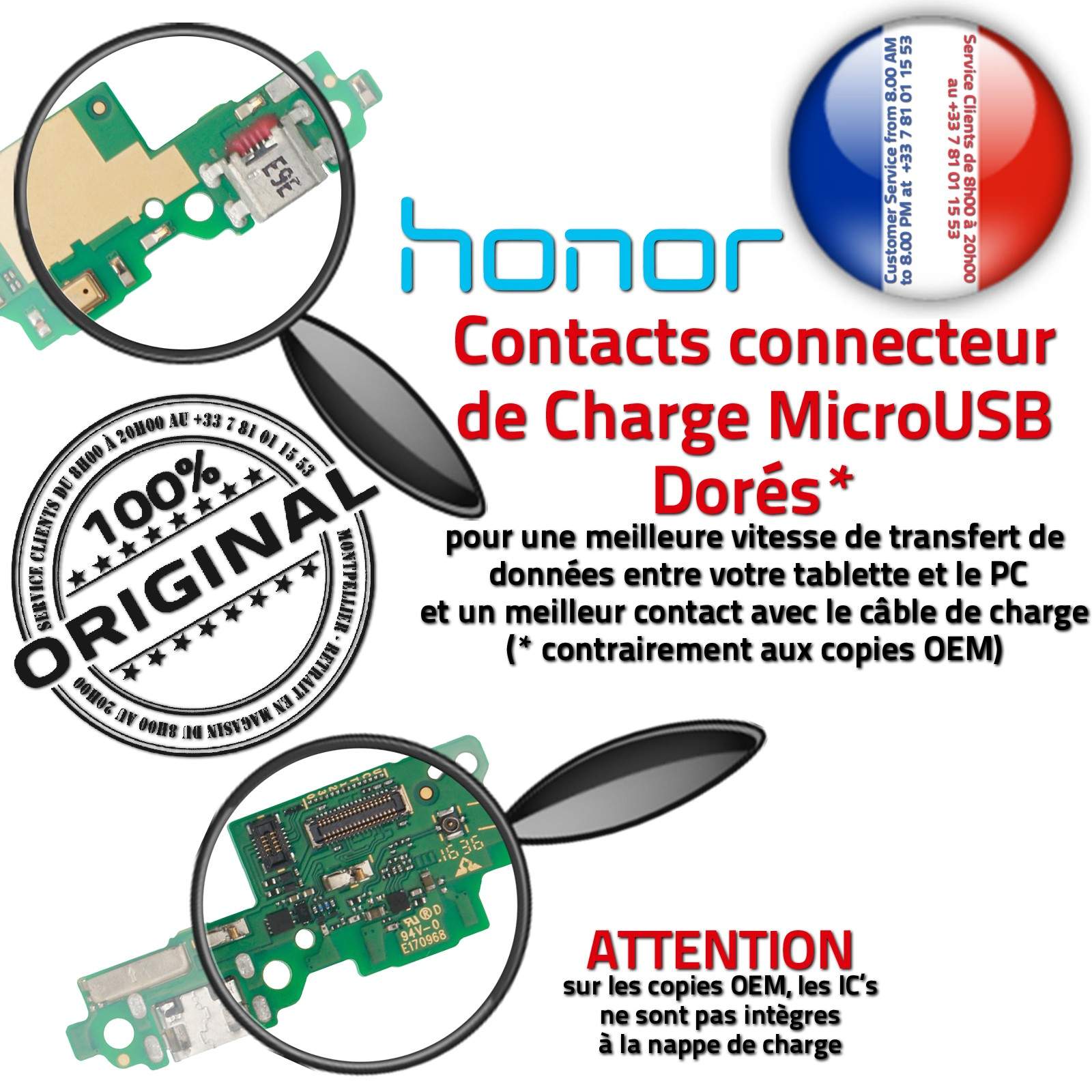 Sonde Température Filtre Haut-Parleurs Réparation Chargeur Micro USB C Changer Câble Prise Alimentation PORT Honor 7 LITE Réseau Antenne SMA JACK Nappe Qualité Microphone Téléphone AUDIO Type-C Connecteur de Charge Rapide ORIGINAL Remplacement Écouteurs