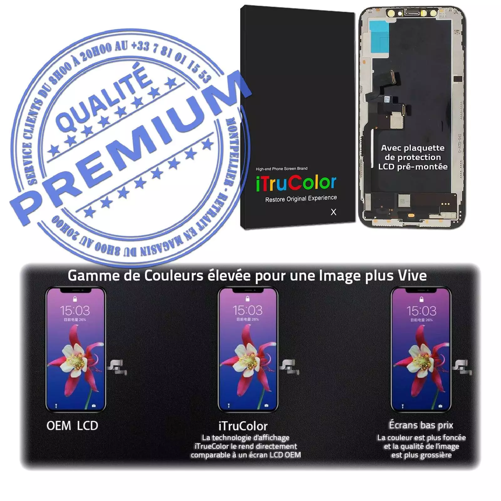 In-CELL LCD Noir LG AUO Sharp Changer Écran Complet Assemblé HDR Oléophobe PREMIUM Vitre Retina 5.8 inch Réparation Verre Tactile iPhone XS inCELL sur Châssis KIT Qualité Téléphone Touch HD Anti-rayures SmartPhone Affichage Apple A1920 A2097 A2098 A2099