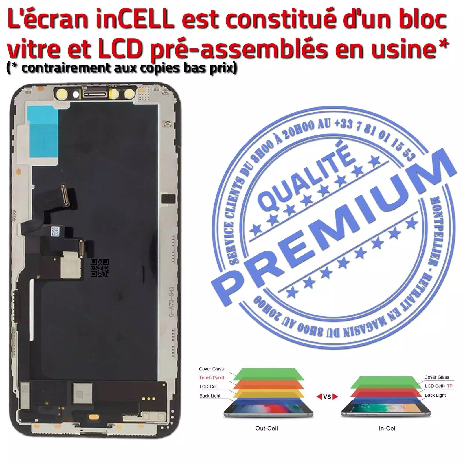 Verre Tactile Écran Complet iPhone XS A1920 inCELL Qualité PREMIUM Réparation SmartPhone Affichage True Tone LCD Retina 5,8 in