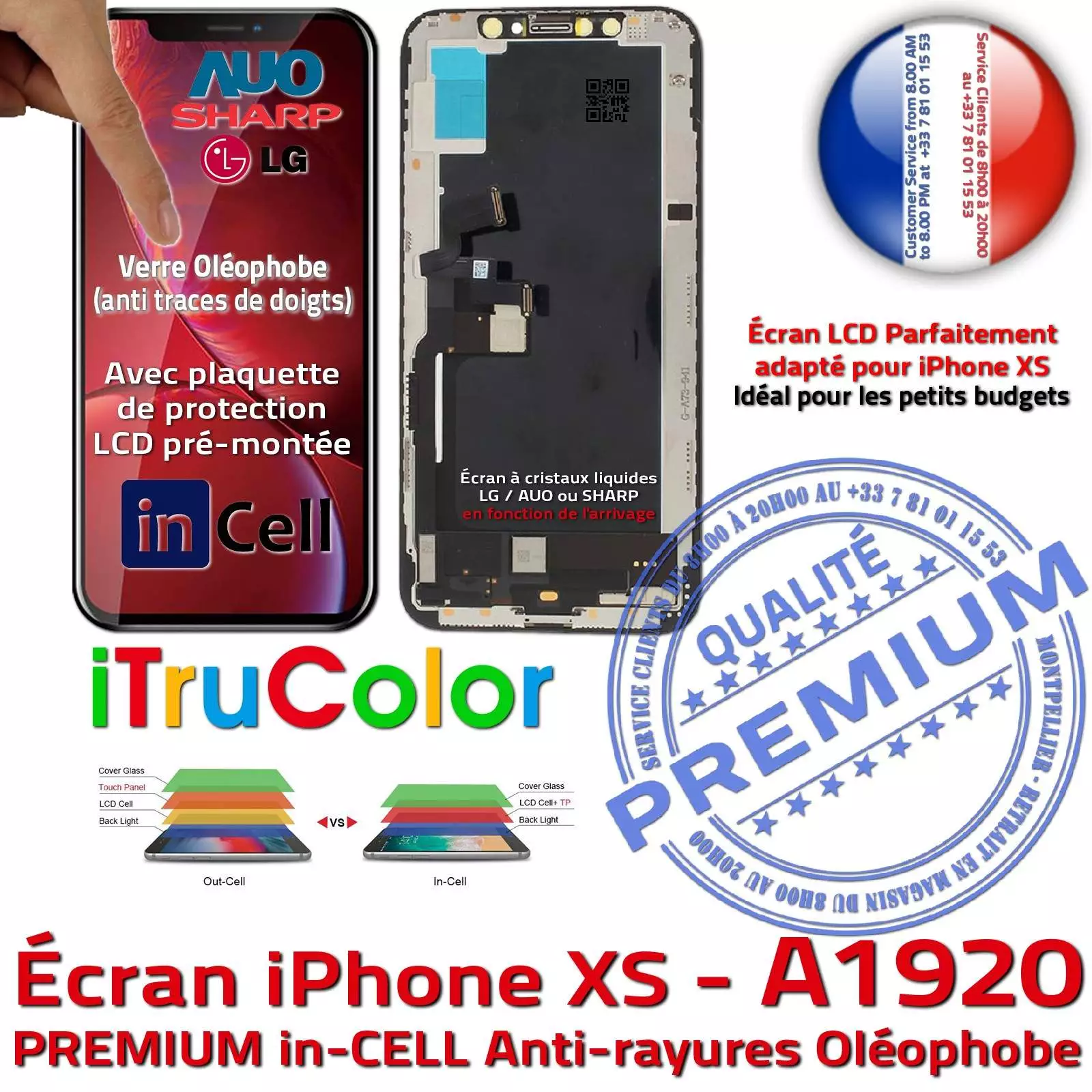 Verre Tactile Écran Complet iPhone XS A1920 inCELL Qualité PREMIUM Réparation SmartPhone Affichage True Tone LCD Retina 5,8 in