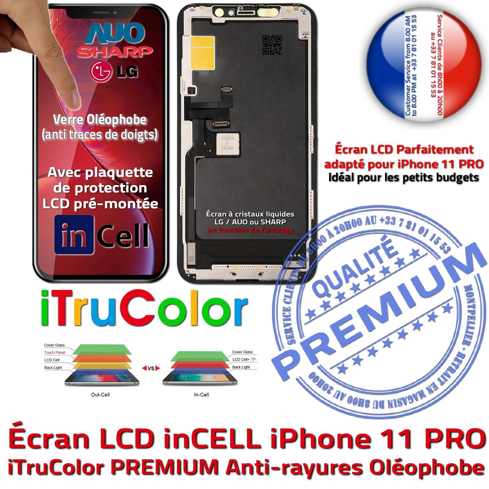 Verre Tactile Écran Complet iPhone 11 PRO inCELL Qualité PREMIUM Réparation SmartPhone Affichage True Tone LCD Retina 5,8 in