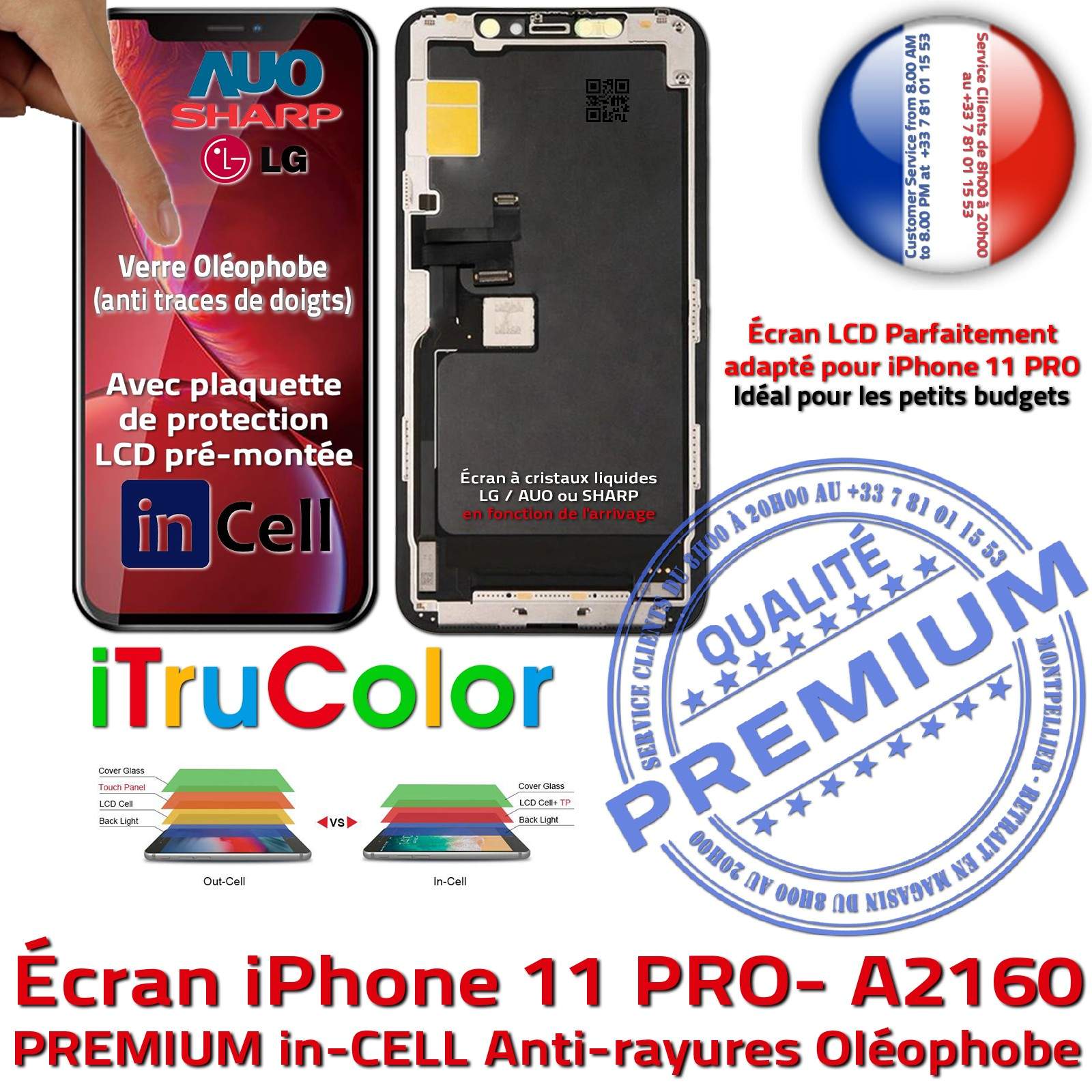 Verre Multi-Touch inCELL Apple Écran LCD sur Châssis iPhone 11 PRO A2160 PREMIUM SmartPhone Touch Remplacement Cristaux Liquides