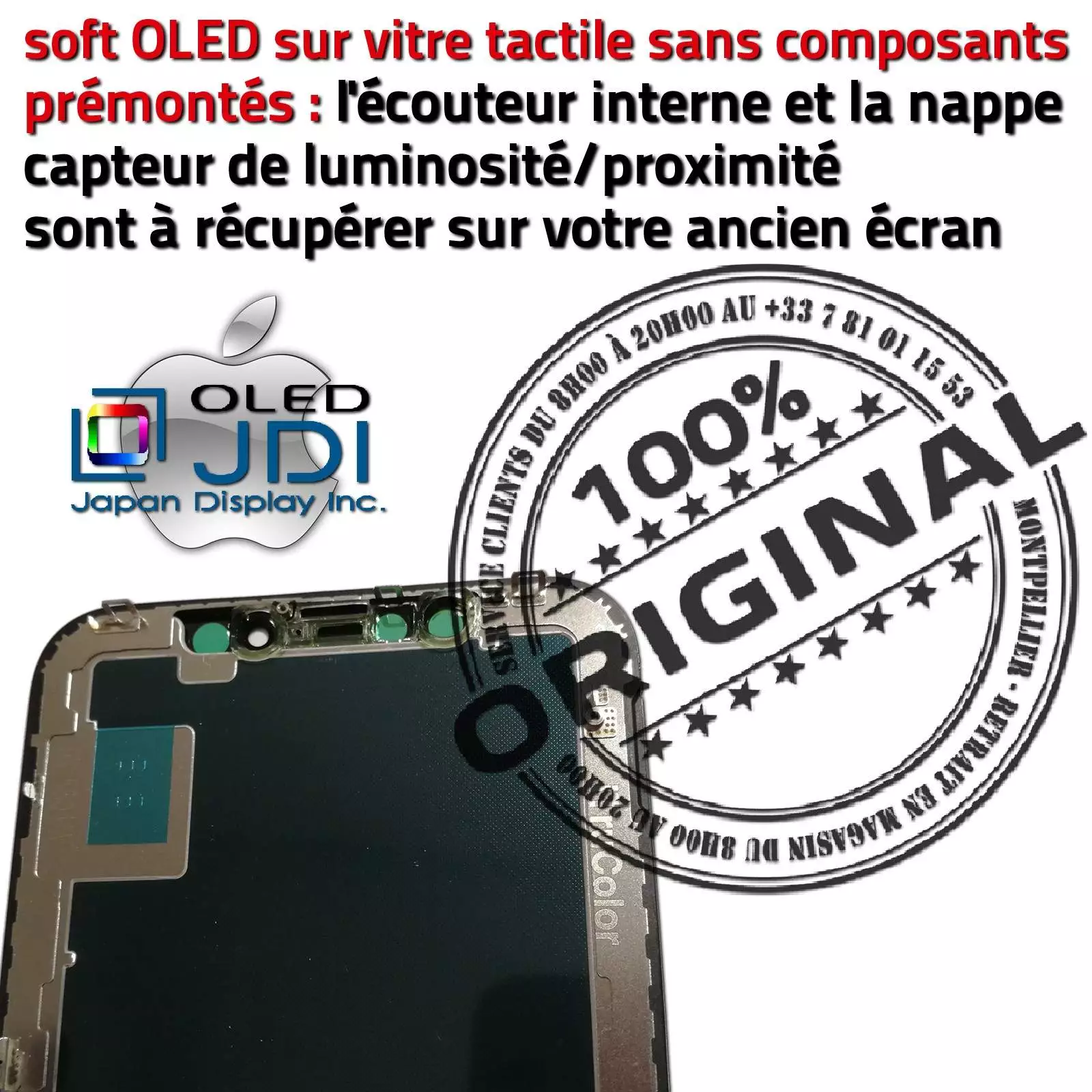 LG KIT Remplacement Téléphone Changer Écran soft OLED Complet Assemblé Affichage Anti-rayures Réparation Tactile iPhone XS sur Châssis Apple A1920 A2097 JDI Japan Display Inc. Verre Oléophobe ORIGINAL A2098 A2099 A2100 Vitre Super Retina 5.8 pouces inch