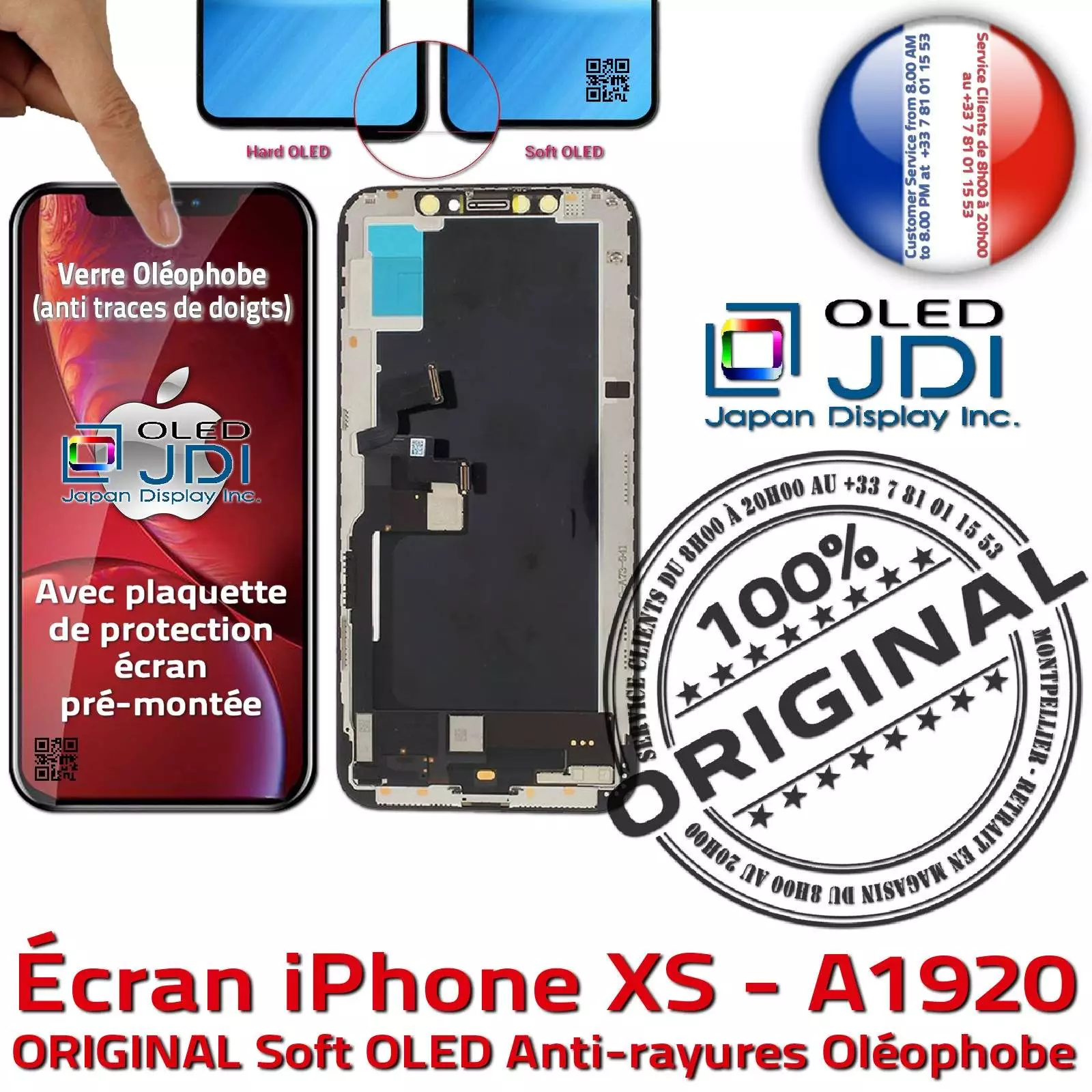 iPhone XS A1920 Écran soft OLED Apple ORIGINAL Super Retina 5,8 pouces Vitre SmartPhone Assemblée Affichage Complet True Tone