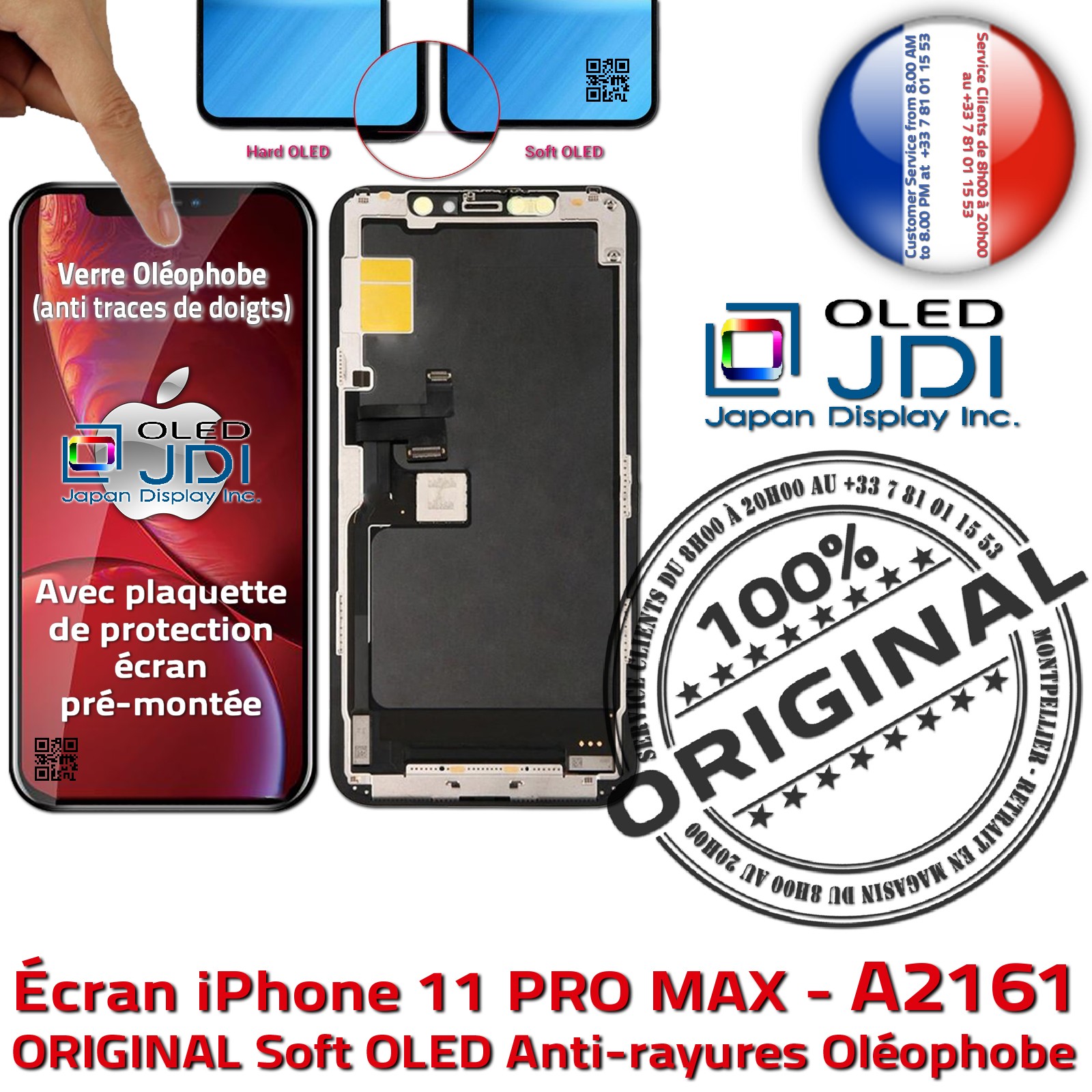 Verre Tactile iPhone 11 PRO MAX soft OLED Qualité Écran A2161 ORIGINAL  Réparation SmartPhone Affichage True Tone HD Super Retina