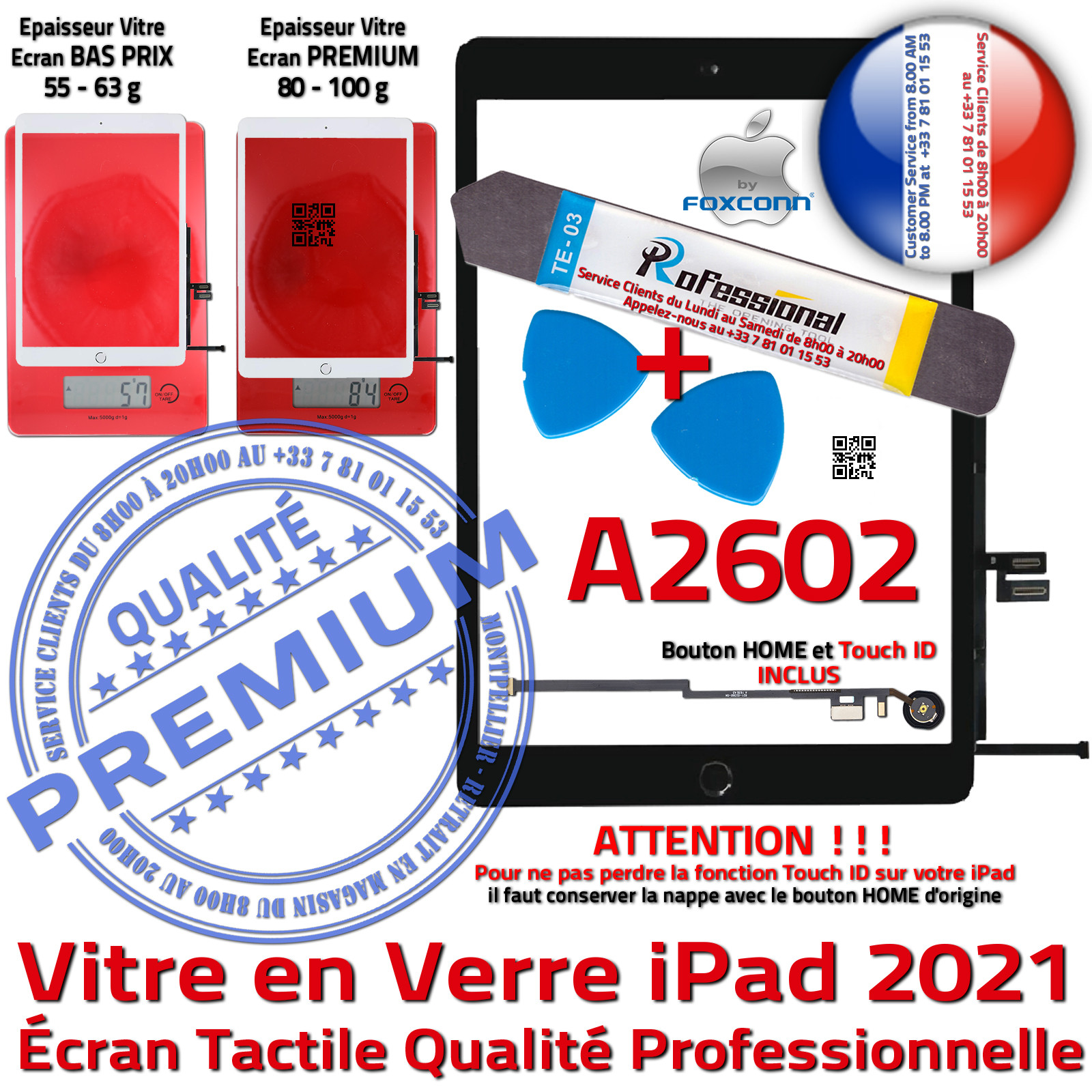 KIT Réparation iPad 2021 A2602 Vitre Tactile Noire PREMIUM Qualité Verre Oléophobe Adhésif Precollé Bouton Nappe HOME Outils
