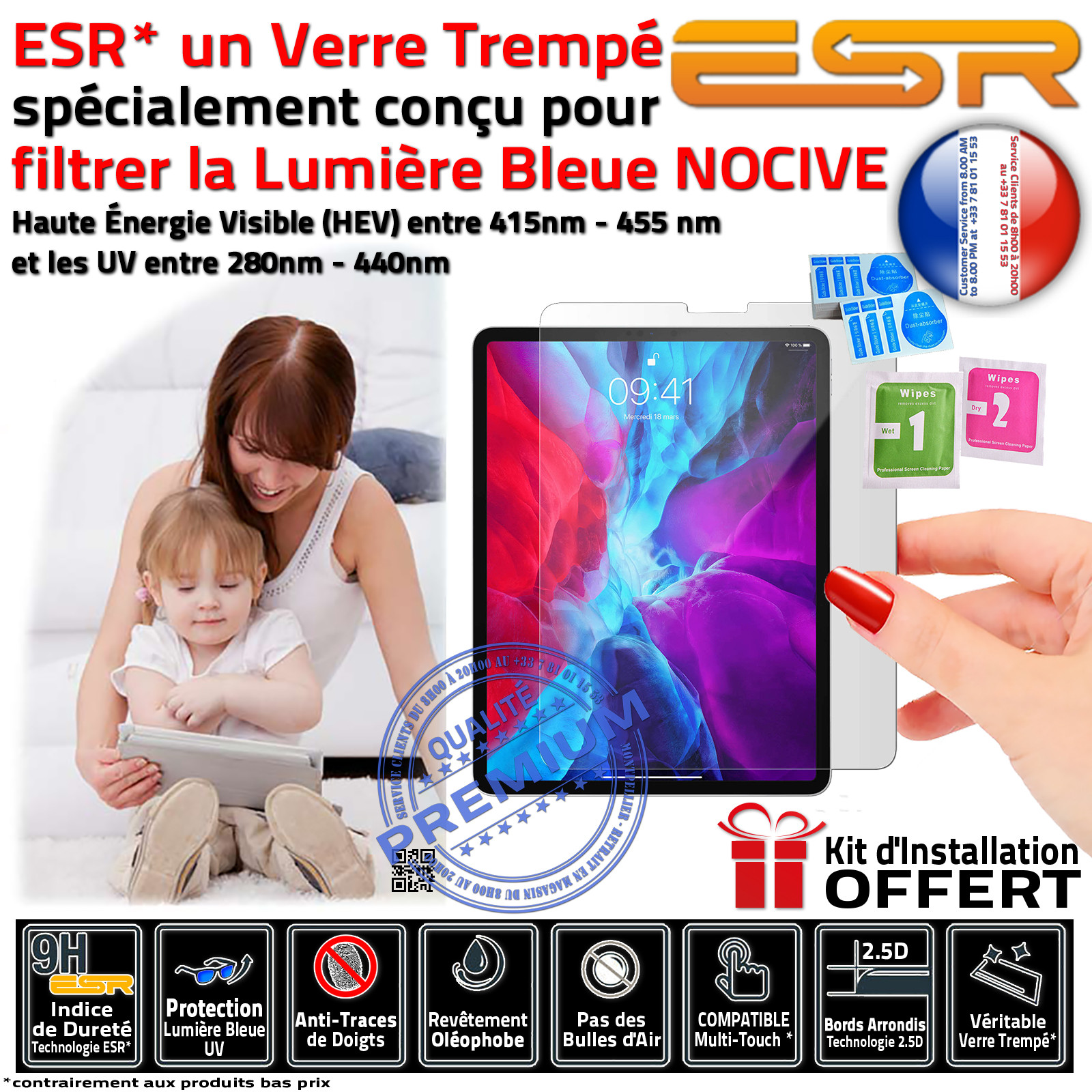 Protection Lumière Bleue Verre Trempé ESR Vitre Ecran Incassable iPad PRO 2020 Apple 11 in Film Protecteur Anti-Rayures Filtre