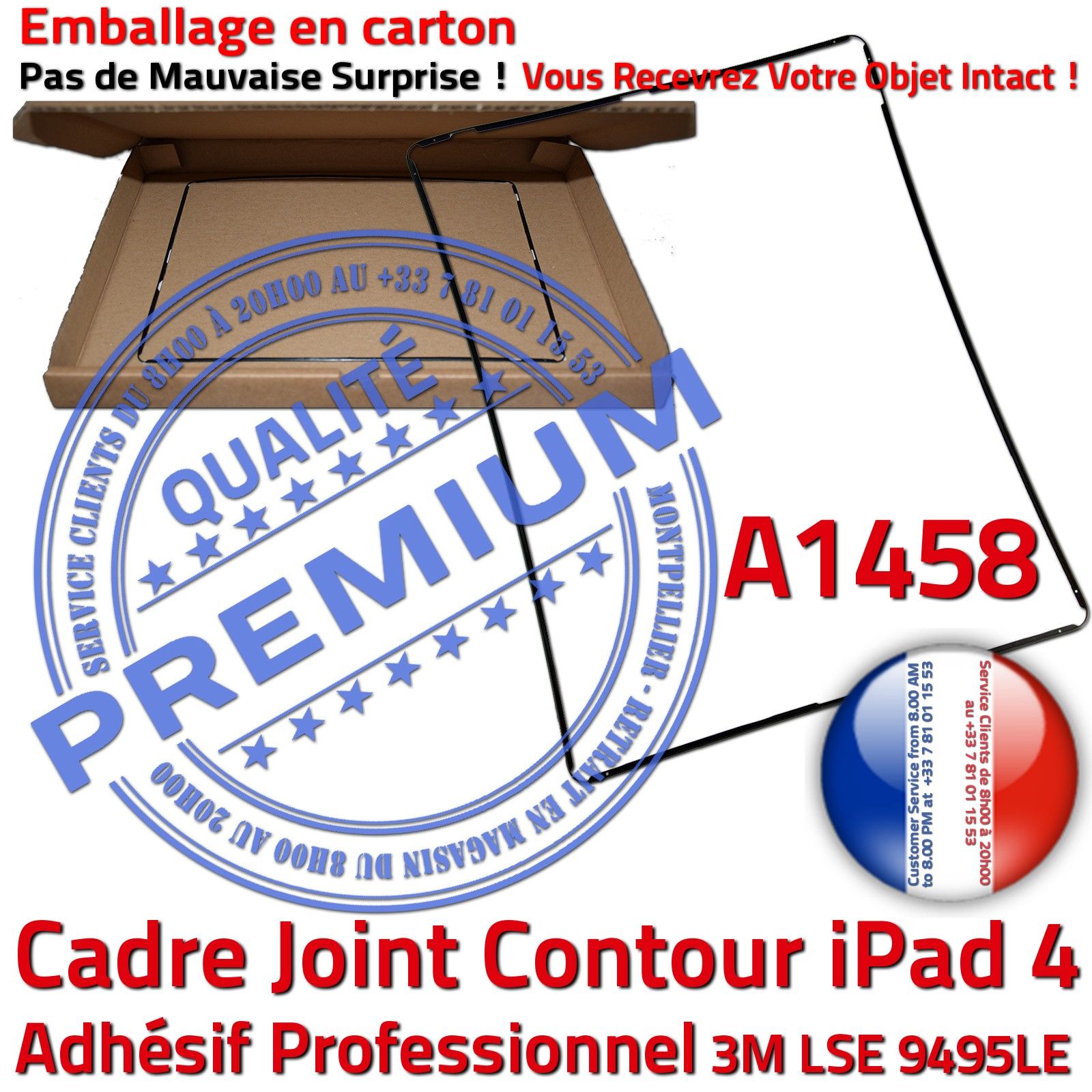 iPad A1458 Cadre Noir Joint Plastique Contour Vitre Tactile Autocollant Réparation Châssis Ecran Tablette Apple Adhésif Precollé