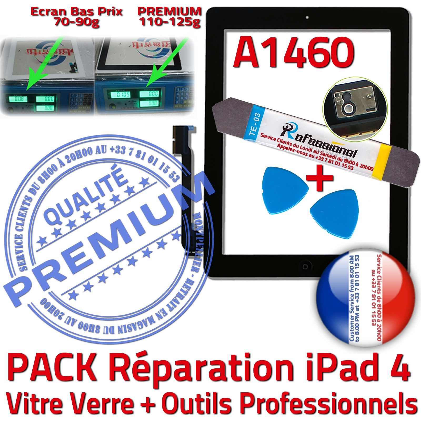 KIT Réparation iPad 4 A1460 Vitre Tactile Noire PREMIUM Qualité Verre Oléophobe Adhésif Precollé Bouton HOME Outils Démontage