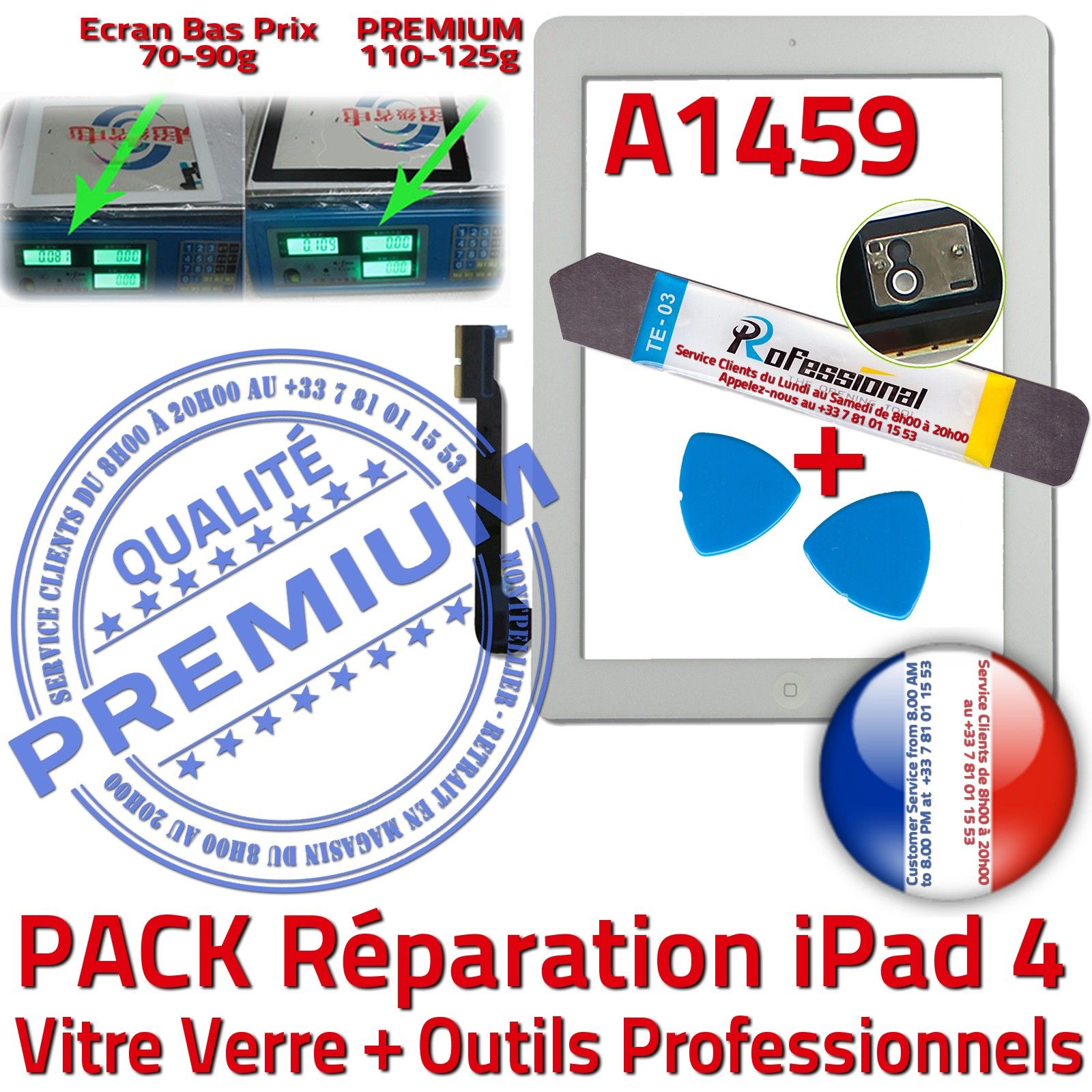 KIT Réparation iPad 4 A1459 Vitre Tactile Blanche PREMIUM Qualité Verre Oléophobe Adhésif Precollé Bouton HOME Outils Démontage