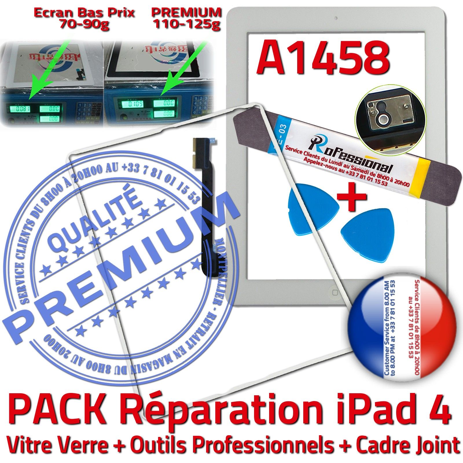 PACK Réparation Tablette Apple iPad4 A1458 Vitre Tactile Blanche Verre PREMIUM Adhésif Precollé Bouton HOME Outils Joint Cadre