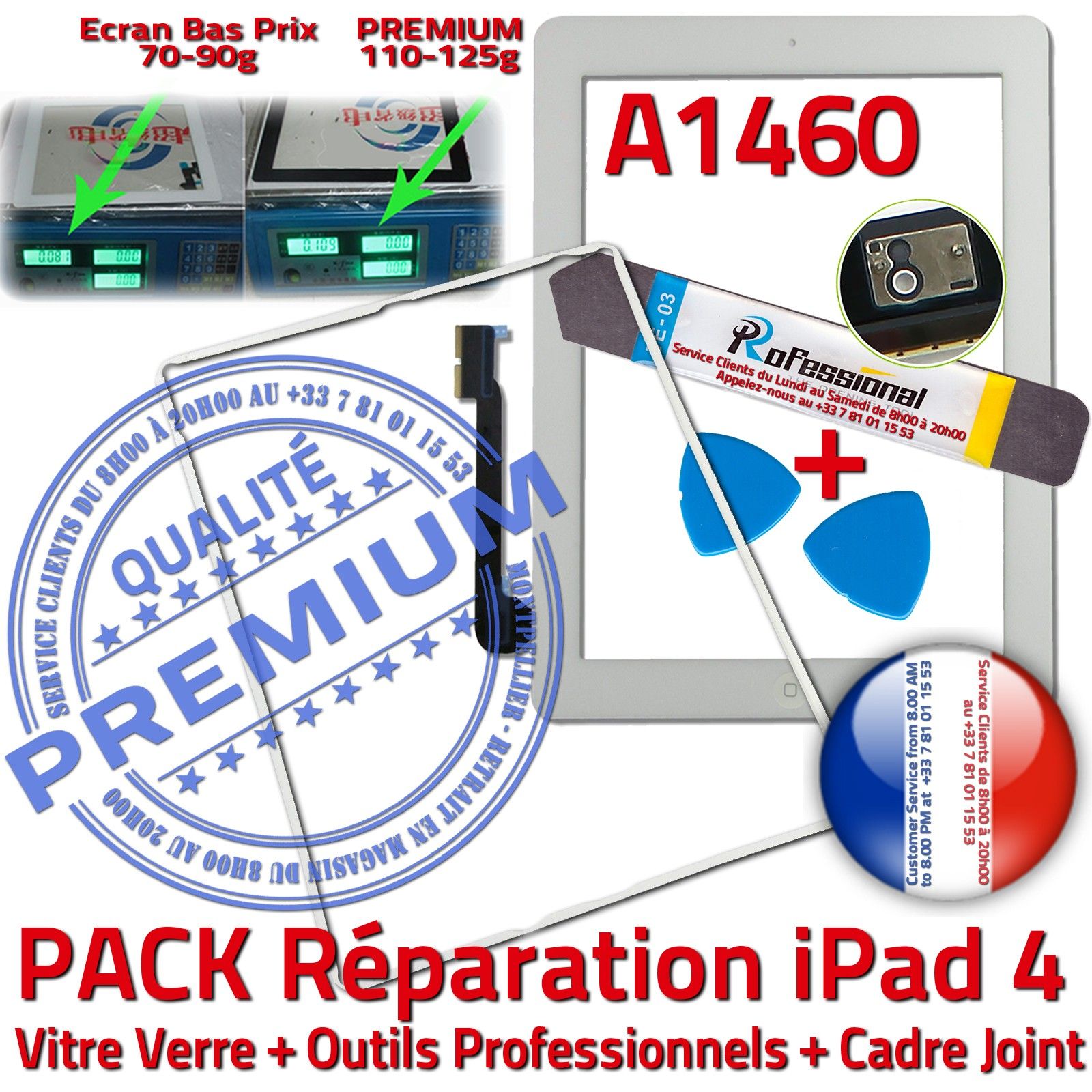 PACK Réparation Tablette Apple iPad4 A1460 Vitre Tactile Blanche Verre PREMIUM Adhésif Precollé Bouton HOME Outils Joint Cadre