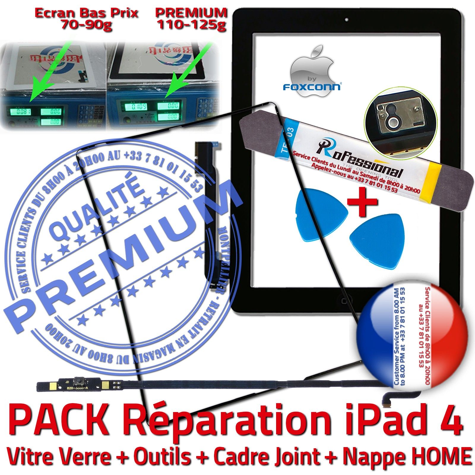 KIT Réparation Tablette Apple iPad 4 Vitre Tactile PREMIUM Noire Verre Adhésif Precollé Nappe Bouton HOME Outils Joint Cadre