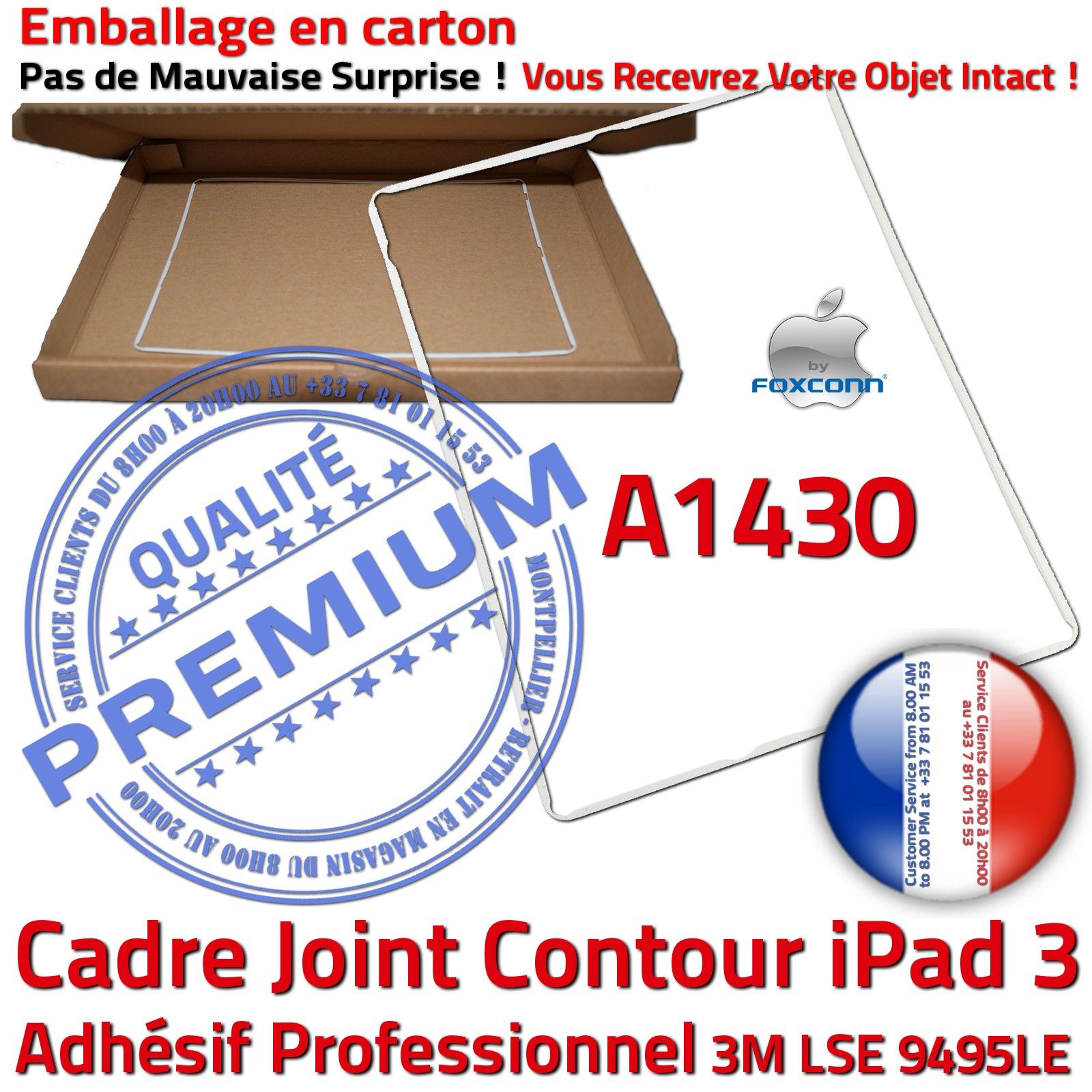 iPad 3 A1430 Cadre Blanc Joint Plastique ABS Contour Vitre Tactile Autocollant Réparation Châssis Ecran Tablette Apple Adhésif