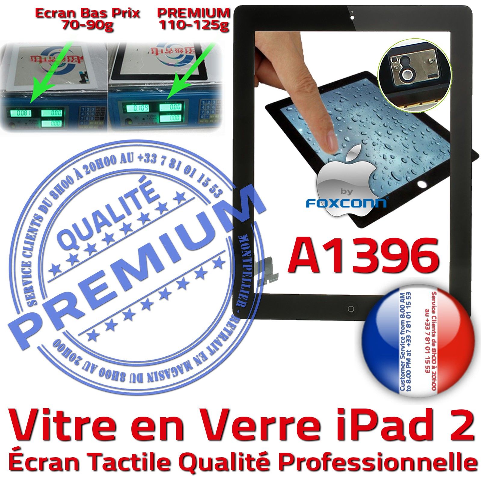 Vitre Tactile iPad 2 A1396 Noir PREMIUM Adhésif Precollé Remplacement Ecran Qualité Verre Oléophobe Fixation Caméra Bouton HOME