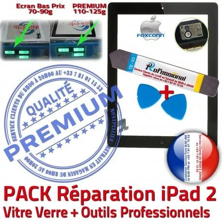 PACK iPad2 A1395 A1396 A1397 N iPad PREMIUM Vitre Verre Outils Tactile Tablette Adhésif KIT 2 Noire HOME Réparation Precollé Bouton Oléophobe Démontage Qualité