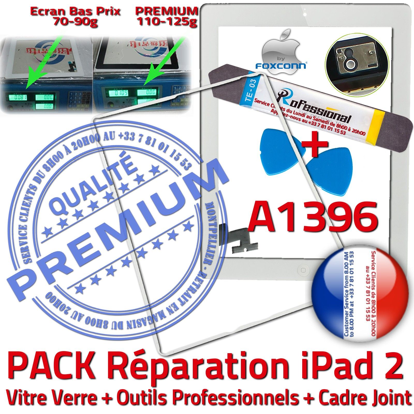 PACK Réparation Tablette Apple iPad2 A1396 Vitre Tactile Blanche Verre PREMIUM Adhésif Precollé Bouton HOME Outils Joint Cadre