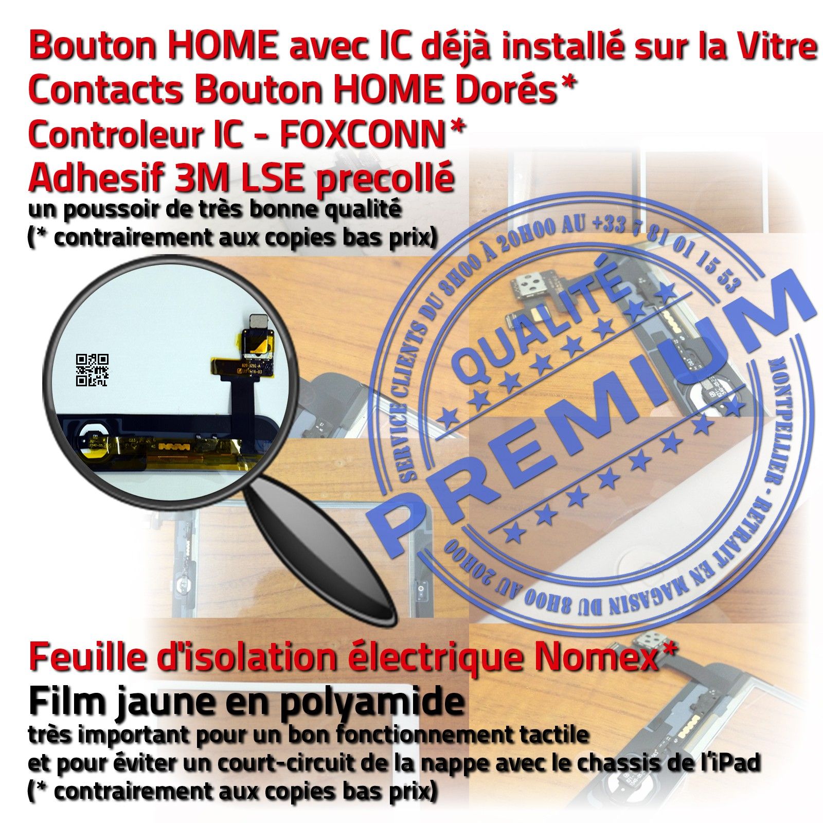 Vitre Ecran Tactile iPad MINI Noir Assemblée Bouton HOME + IC Adhésif Pré-montés