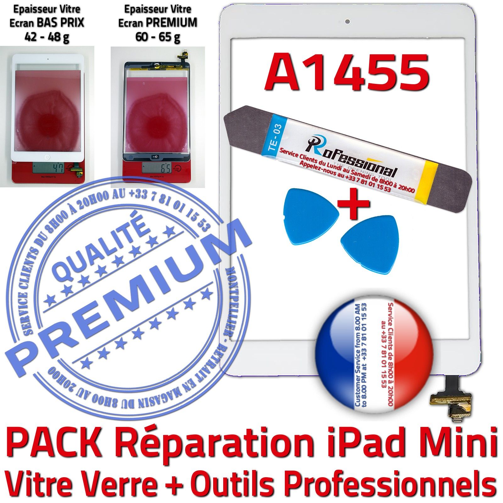 KIT Réparation iPad MINI A1455 Vitre Tactile Blanche Verre PREMIUM Complet Qualité Adhésif Nappe IC Bouton HOME Outils Tablette
