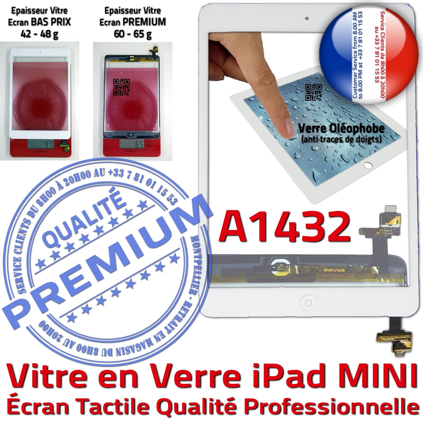 iPad A1432 Ecran Blanc Vitre Tactile Home Adhésif Monté Verre Oléophobe Fixation Caméra Filtre Nappe Bouton Réparation Tablette