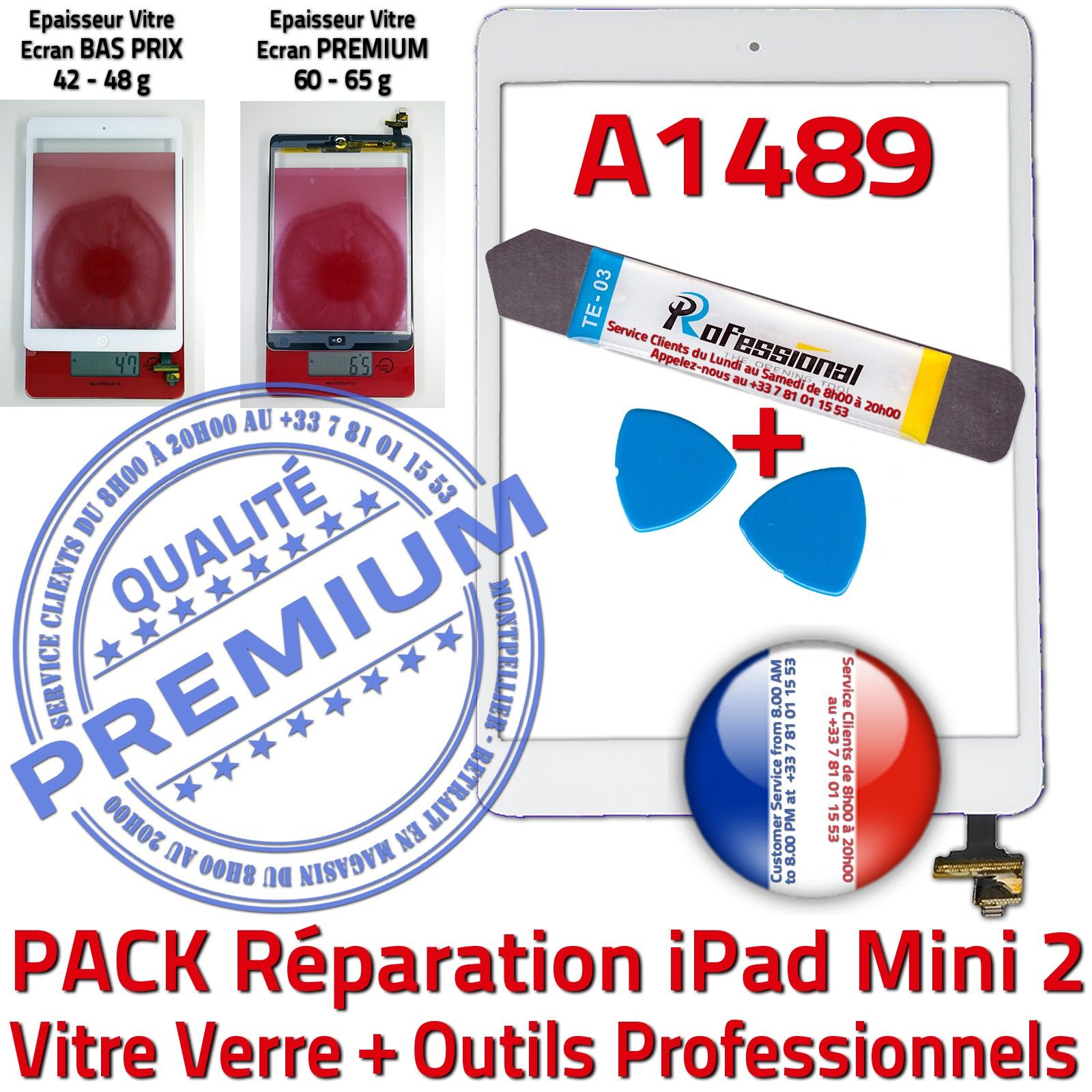 KIT Réparation iPad MINI A1489 Vitre Tactile Blanche Verre PREMIUM Complet Qualité Adhésif Nappe IC Bouton HOME Outils Tablette