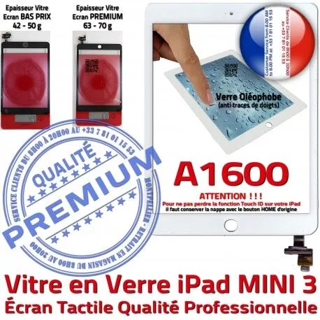 Mini3 iPad A1600 Blanc Filtre Adhésif Vitre Caméra Ecran Monté Tactile Nappe Réparation Verre Bouton Tablette Oléophobe Fixation Home