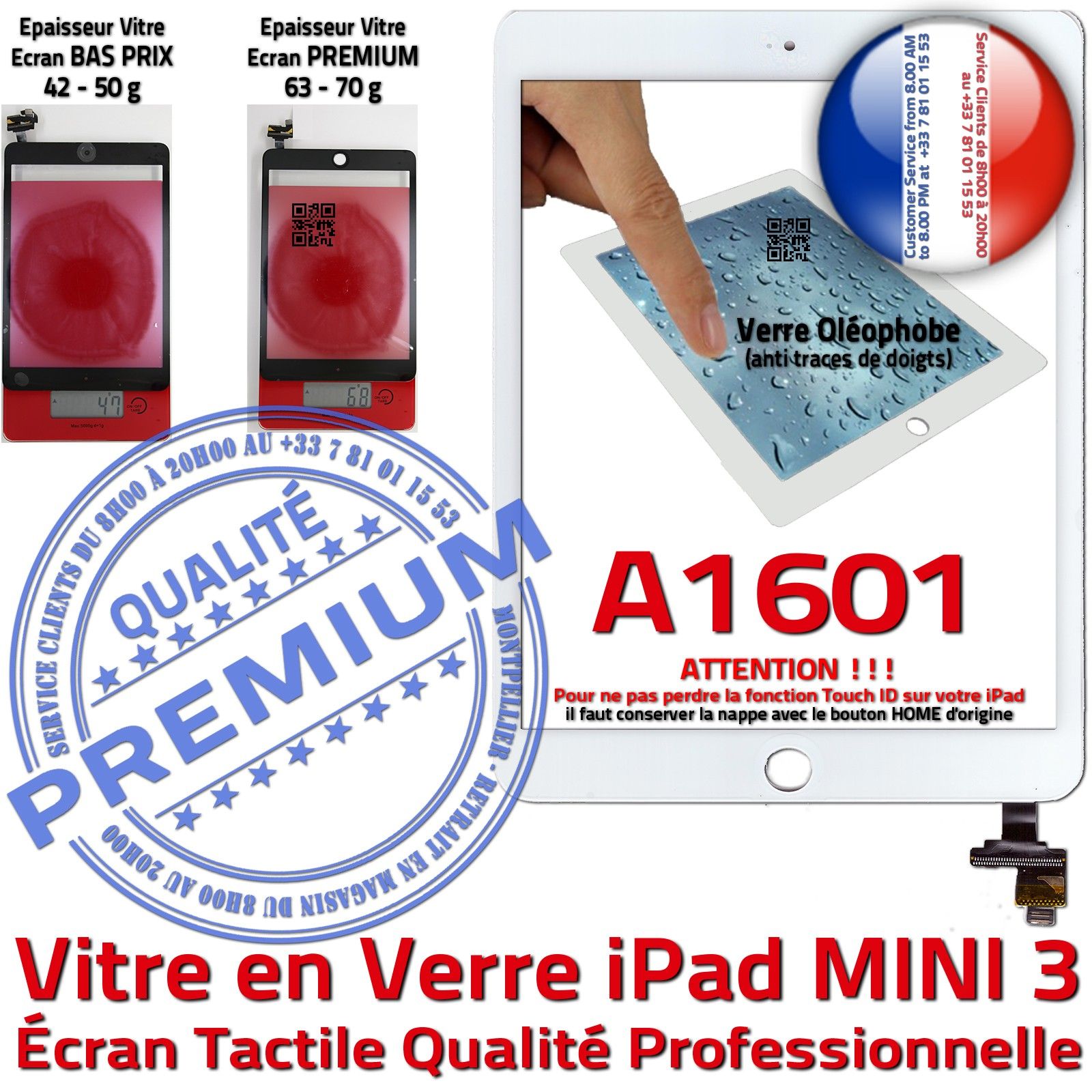 iPad A1601 Ecran Blanc Vitre Tactile Home Adhésif Monté Verre Oléophobe Fixation Caméra Filtre Nappe Bouton Réparation Tablette