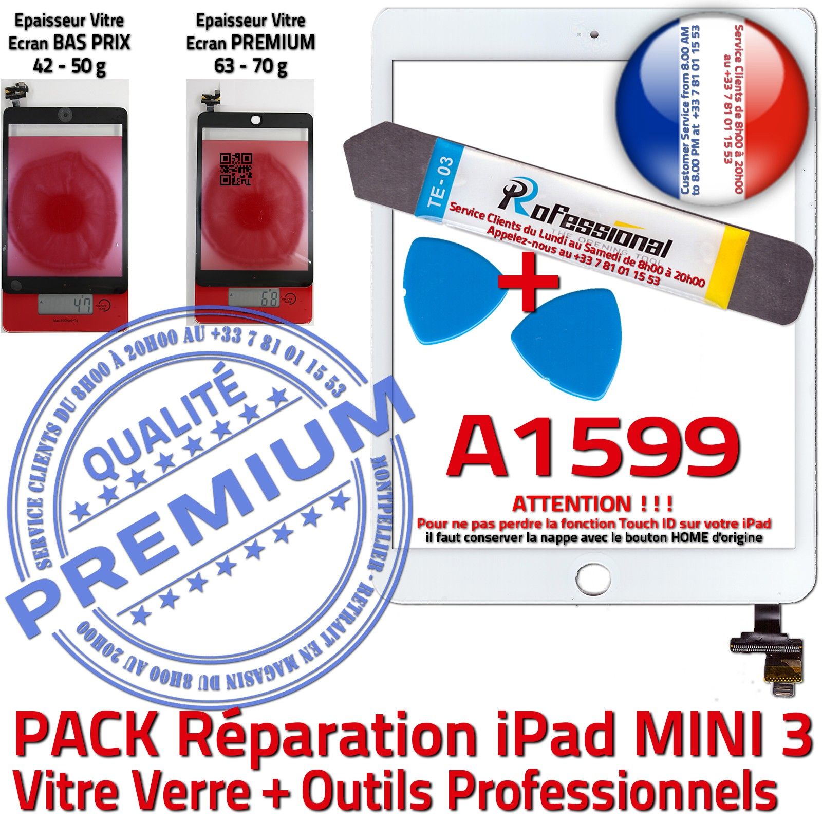 KIT Réparation iPad MINI A1599 Vitre Tactile Blanche Verre PREMIUM Complet Qualité Adhésif Attention Touch ID Outils Tablette