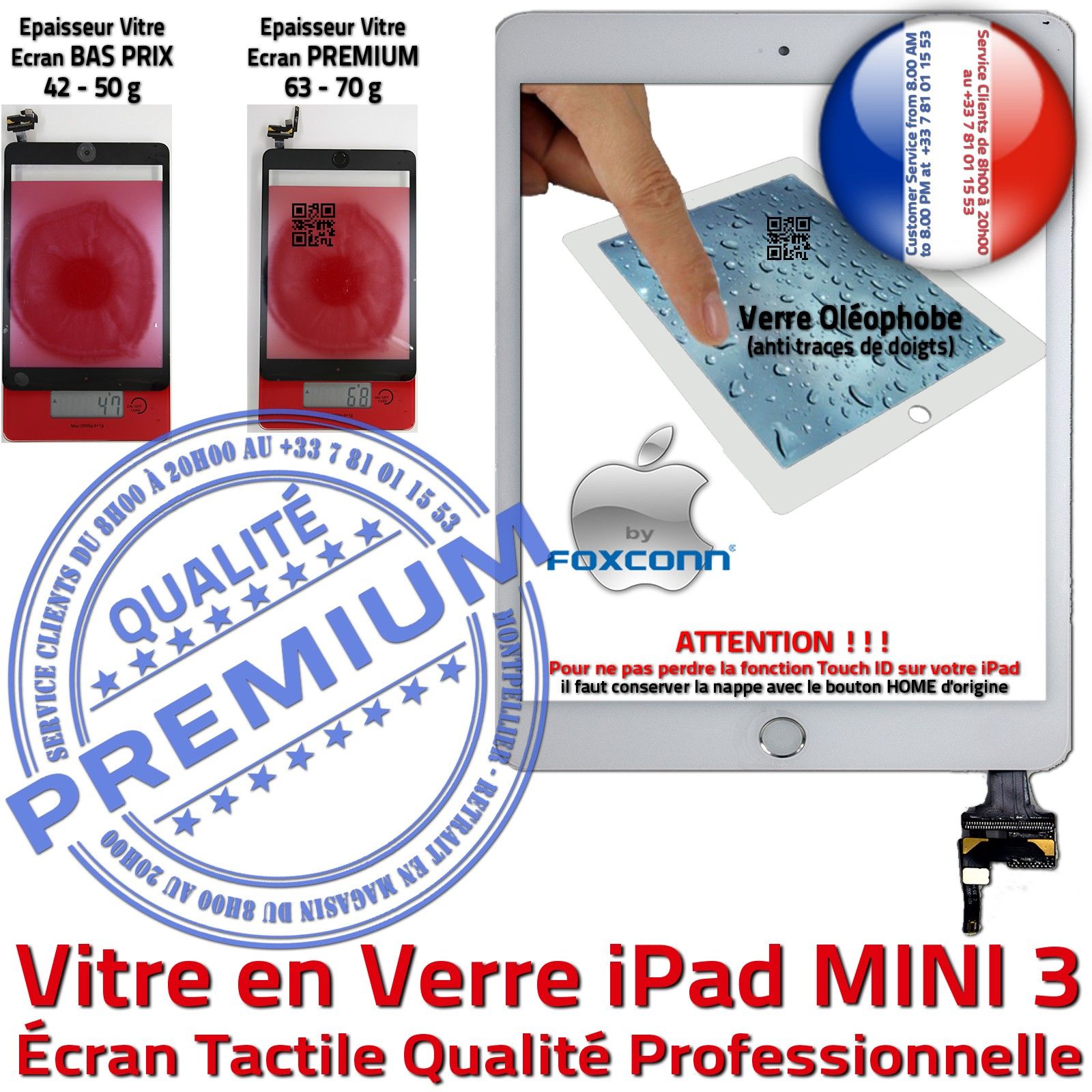 iPad MINI 3 Ecran Vitre Tactile Blanc Home Adhésif Monté Verre Oléophobe Fixation Caméra Filtre Nappe Bouton Réparation Tablette