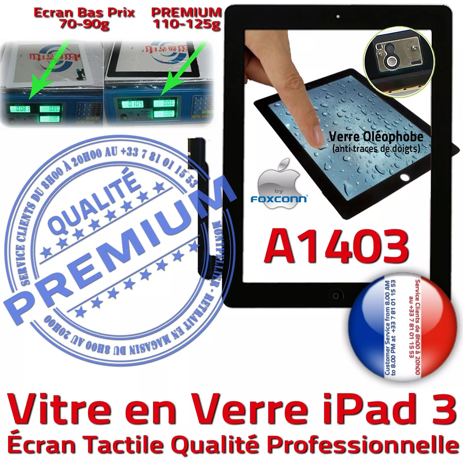 Vitre Tactile iPad 3 A1403 Noir PREMIUM Adhésif Precollé Remplacement Ecran Qualité Verre Oléophobe Fixation Caméra Bouton HOME