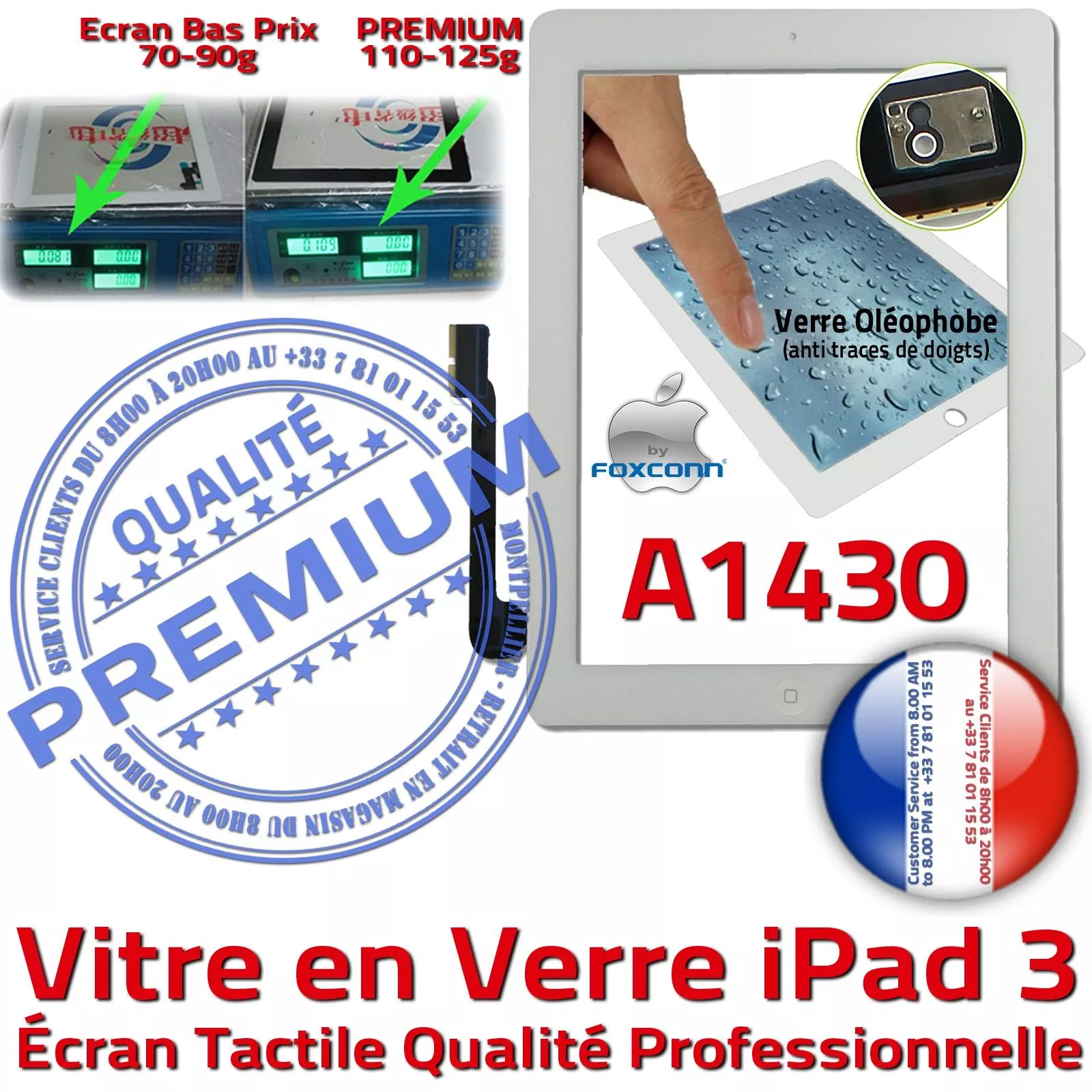 Vitre Tactile iPad 3 A1430 Blanc PREMIUM Adhésif Precollé Remplacement Ecran Qualité Verre Oléophobe Fixation Caméra Bouton HOME