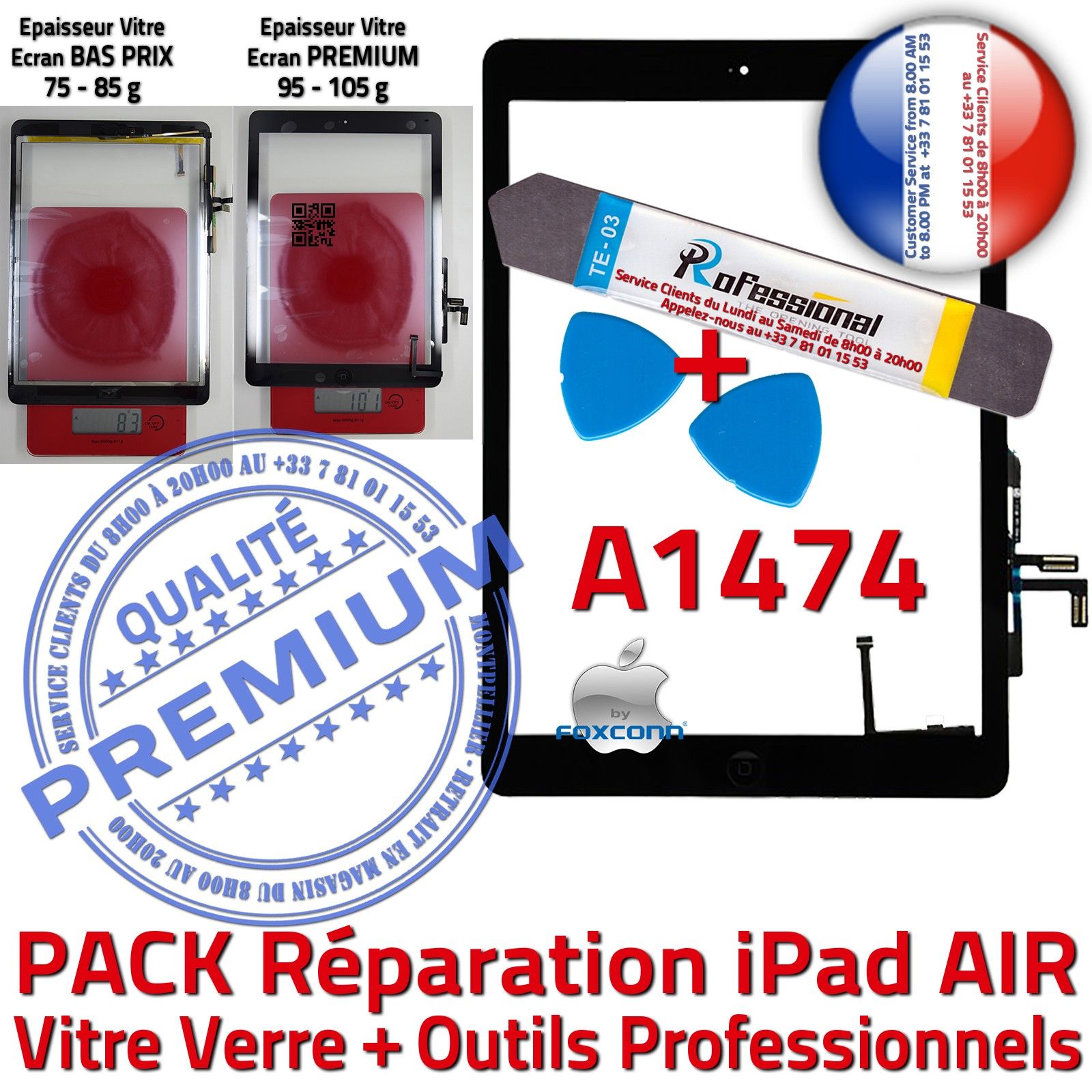 KIT Réparation iPad AIR A1474 Vitre Tactile Noire PREMIUM Qualité Verre Oléophobe Adhésif Precollé Bouton HOME Outils Démontage