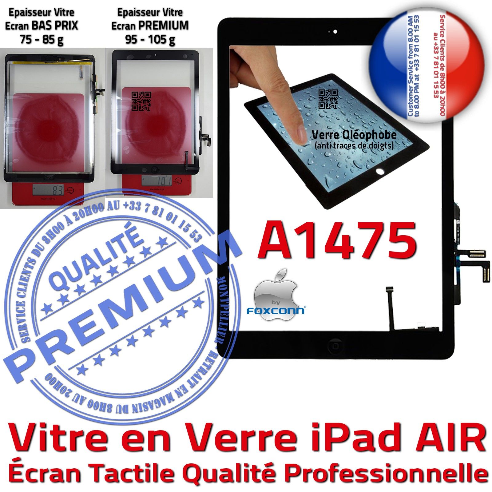 Vitre Tactile iPad AIR A1475 Noir Adhésif Monté Ecran Qualité Verre Oléophobe Fixation Caméra Nappe HOME IC Réparation Tablette