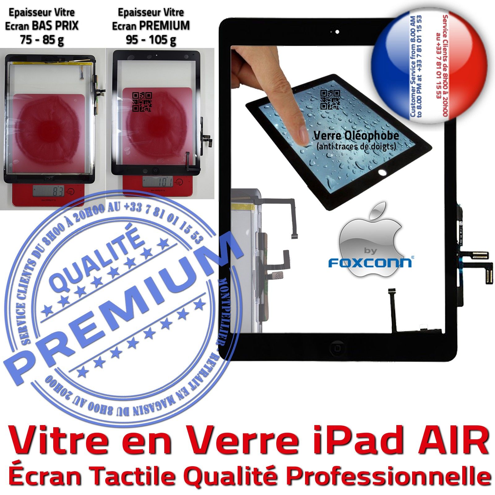 iPad AIR 5 Noir Vitre Tactile Adhésif Monté Ecran Qualité Verre
